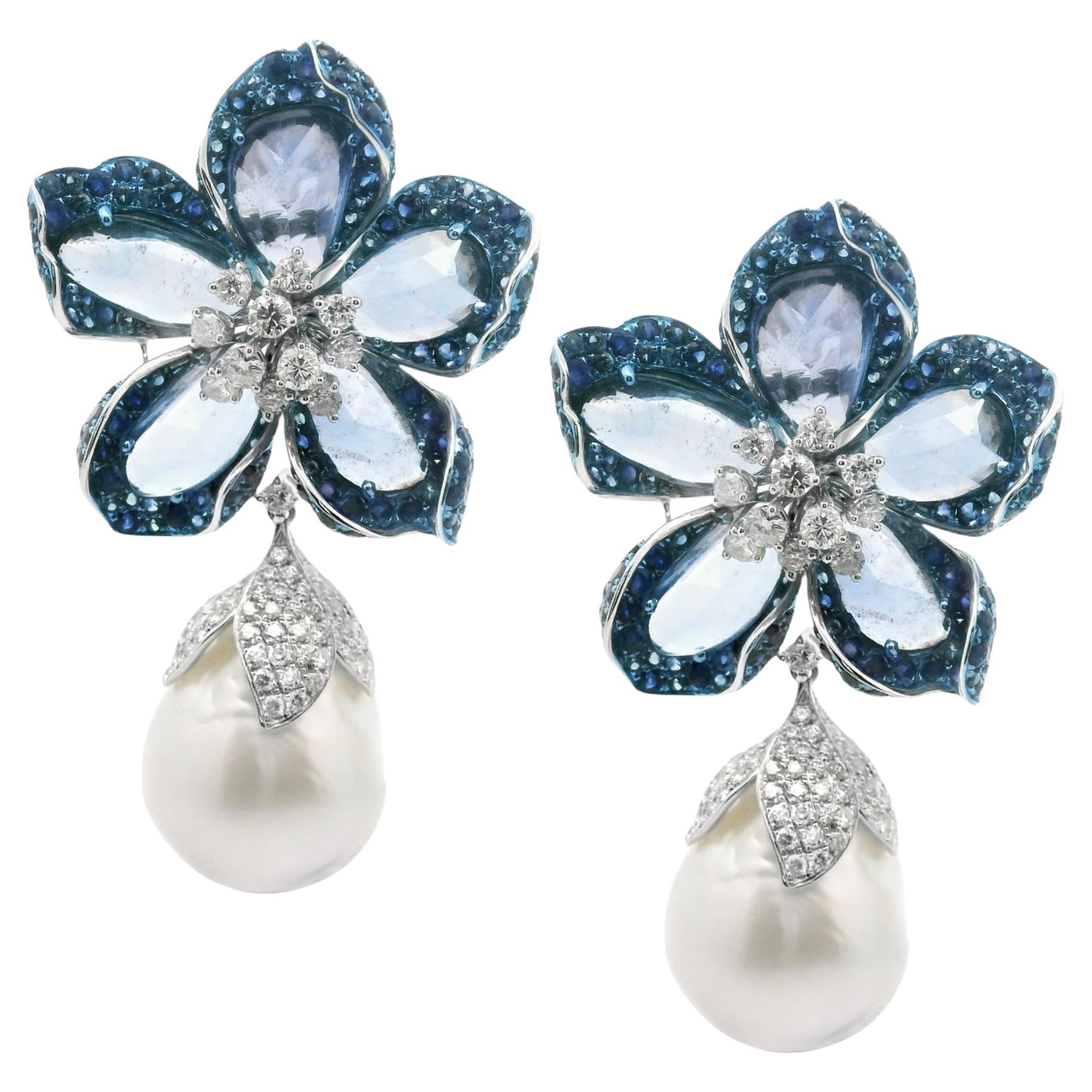 18k Gold Ceylon Sapphire and Diamond South Sea Baroque Pearl Statement Earring