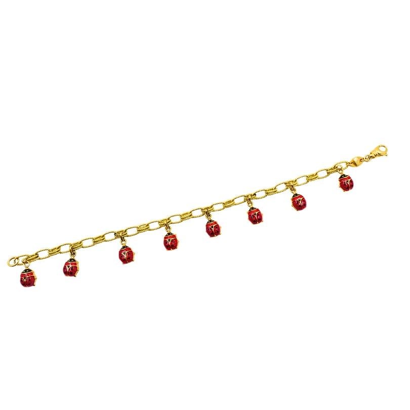 Bracelet en or 18k Chaîne en or 14k émail Ladybug Charms Pour femmes en vente