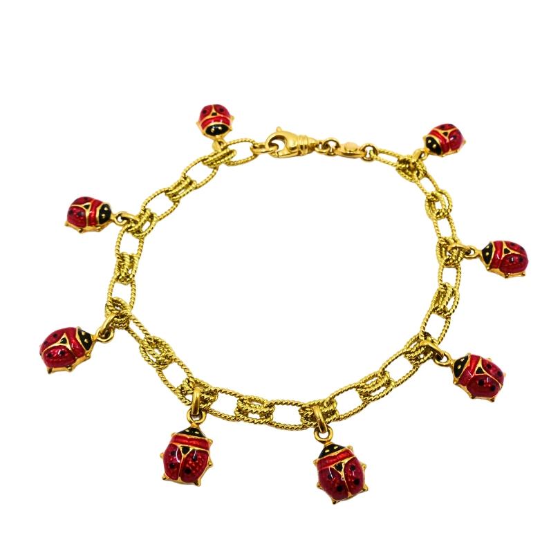 Bracelet en or 18k Chaîne en or 14k émail Ladybug Charms en vente 3