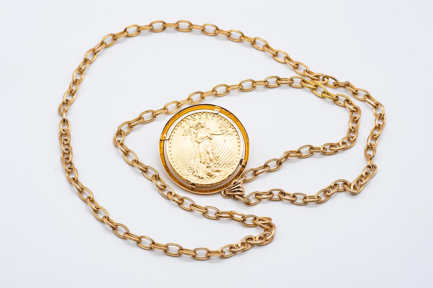 Artisan 18 Karat Gold Chain and Piece Pendant Pure Gold Twenty American Dollars