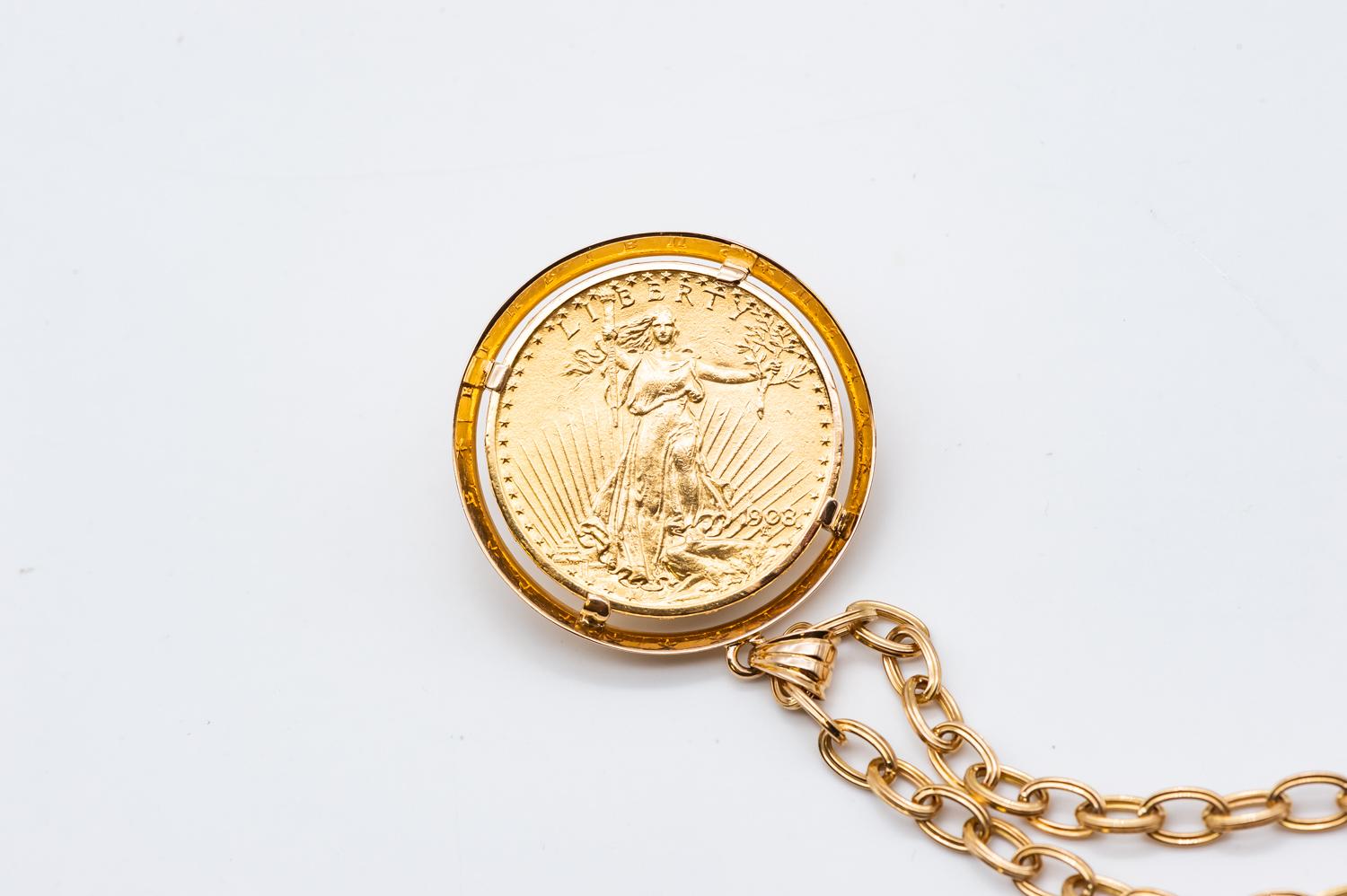 Women's or Men's 18 Karat Gold Chain and Piece Pendant Pure Gold Twenty American Dollars