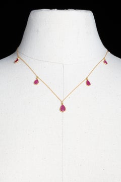 18K Gold Chain with Carved Burmese Ruby Drops