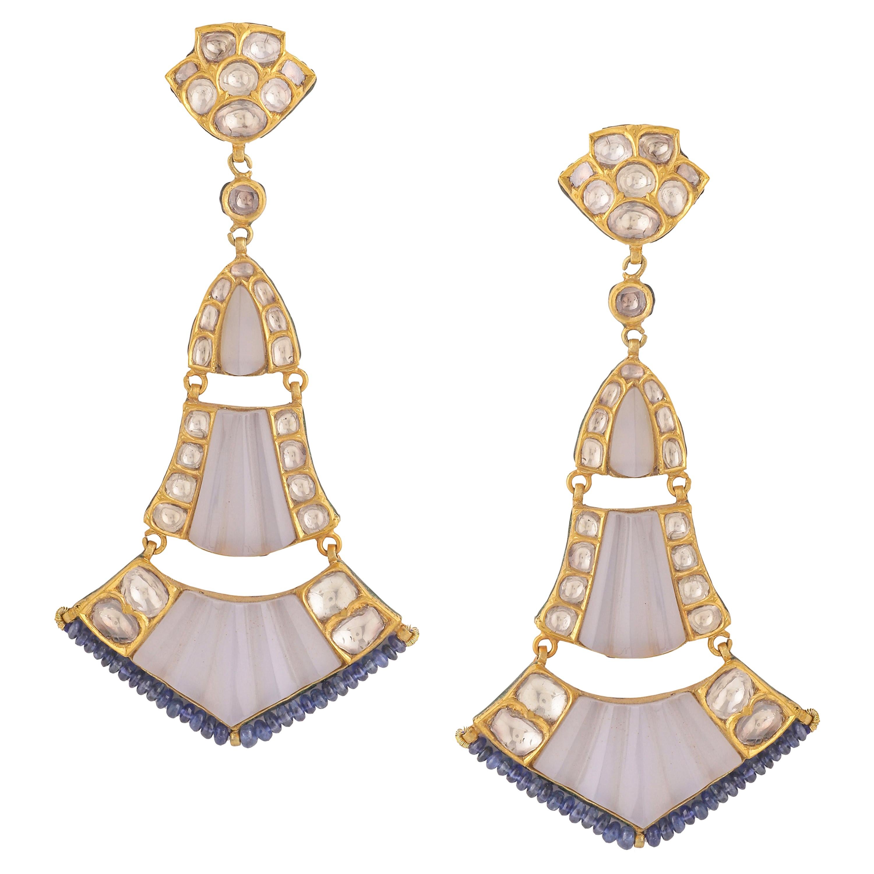 18k Gold Chandelier Earrings with Diamonds, Carved Chalcedony and Sapphire Beads For Sale