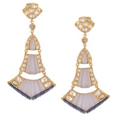 18k Gold Chandelier Earrings with Diamonds, Carved Chalcedony and Sapphire Beads