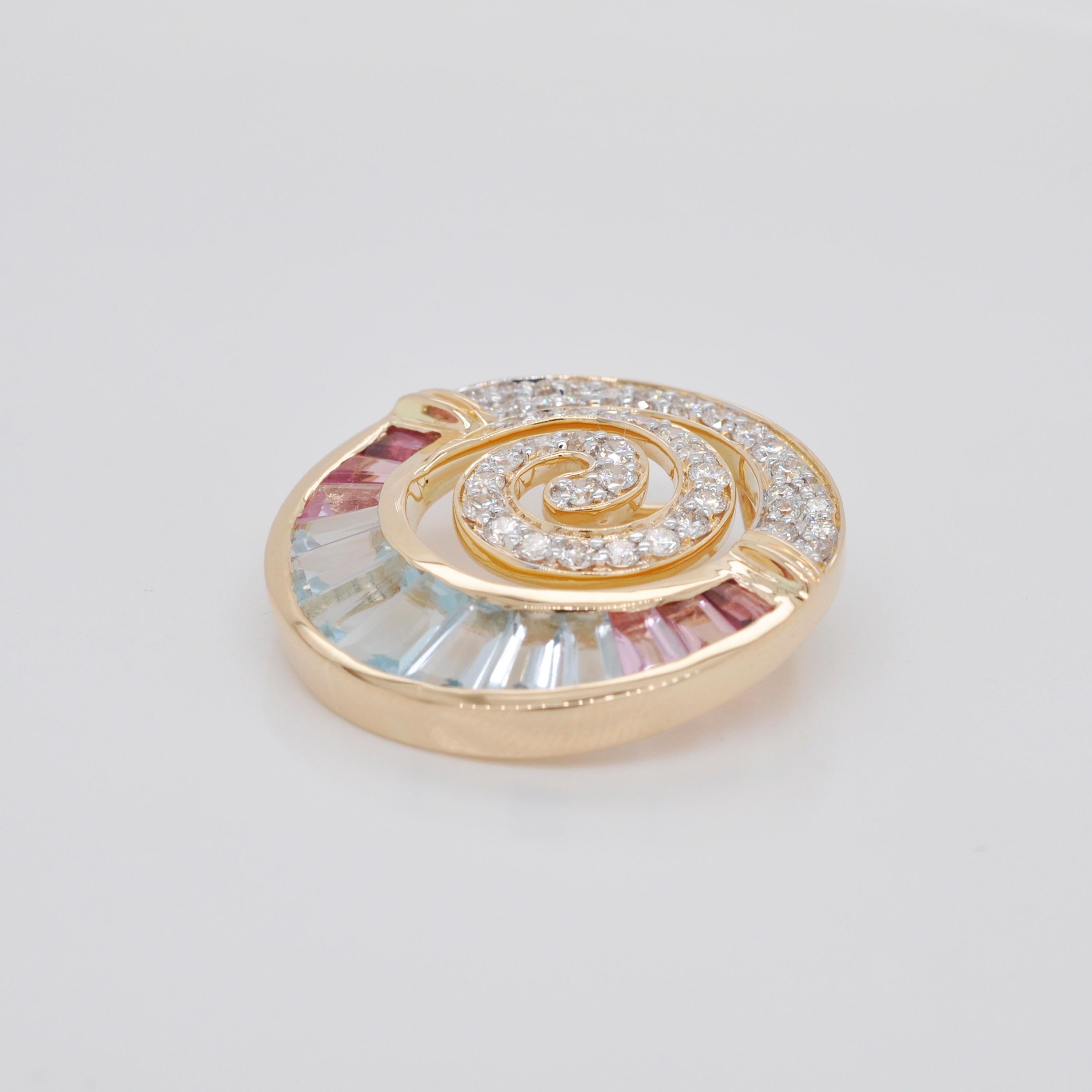 18 Karat Gold Aquamarine Pink Tourmaline Baguette Diamond Pendant Necklace 1