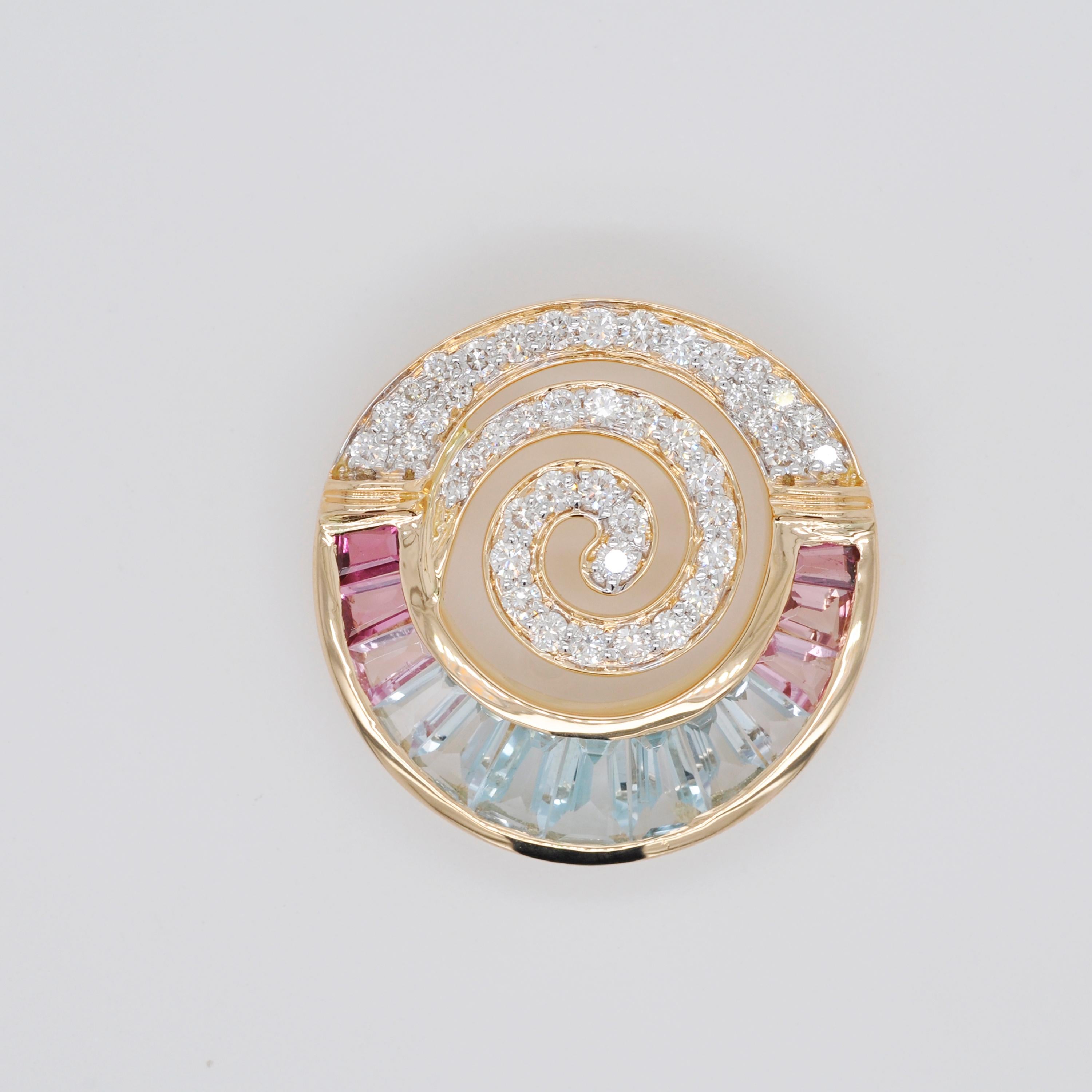 Tapered Baguette 18 Karat Gold Aquamarine Pink Tourmaline Baguette Diamond Pendant Necklace