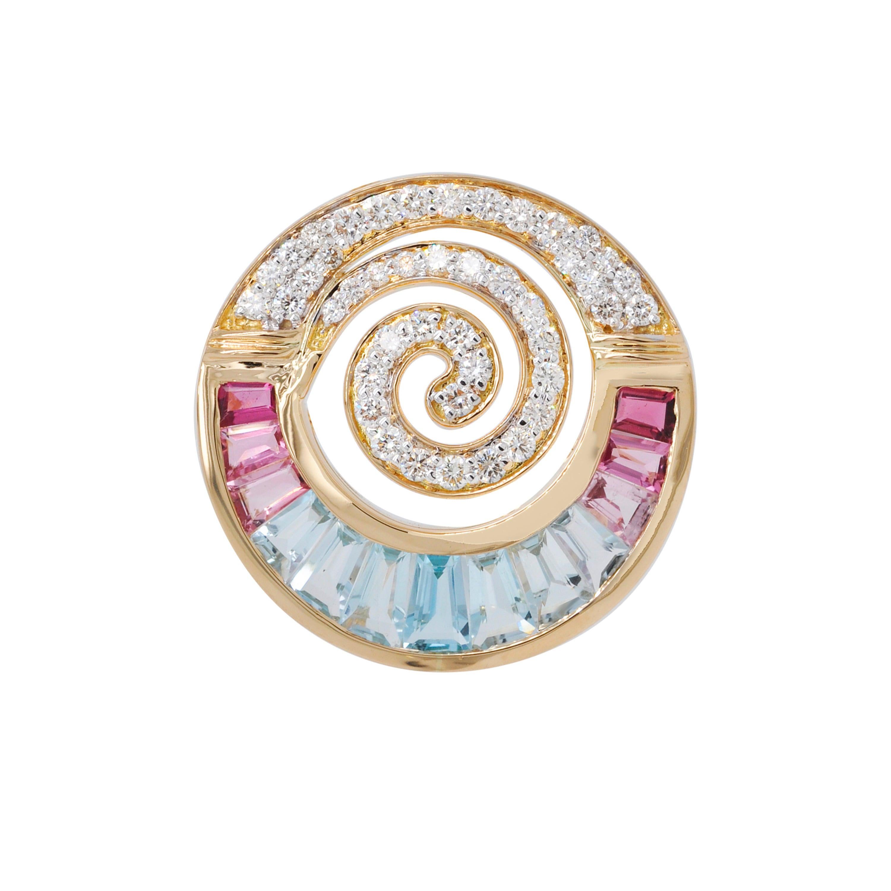 18 Karat Gold Aquamarine Pink Tourmaline Baguette Diamond Pendant Necklace