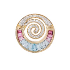 Collier pendentif en or 18 carats avec aigue-marine, tourmaline rose et diamants baguettes