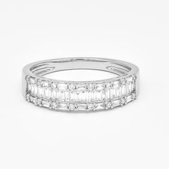 18K Gold Channel Baguette Diamond Accents Round Baguette Half Eternity Band Ring