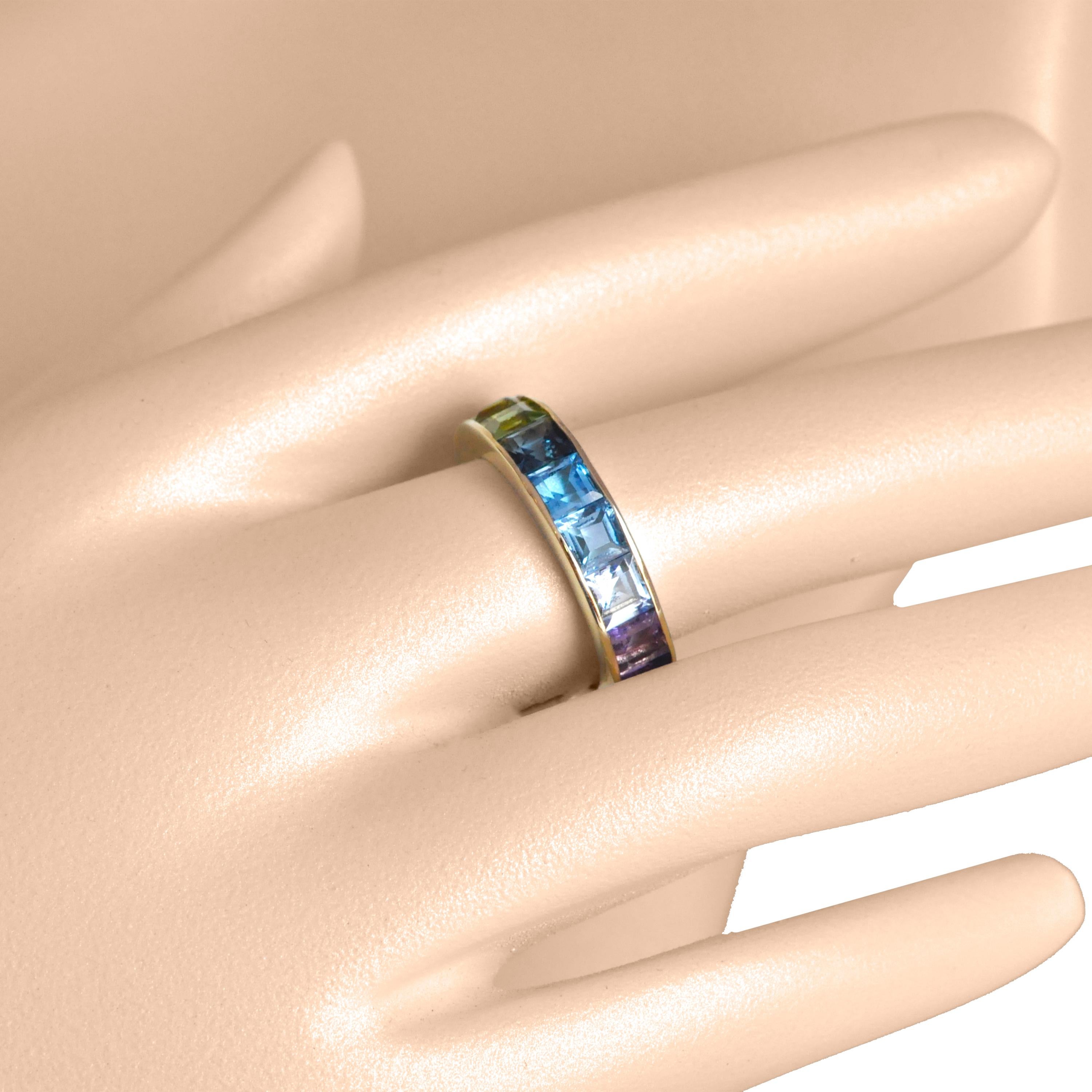 For Sale:  18K Gold Channel-Set 4 MM Square Rainbow Gemstones Eternity Band Ring 11
