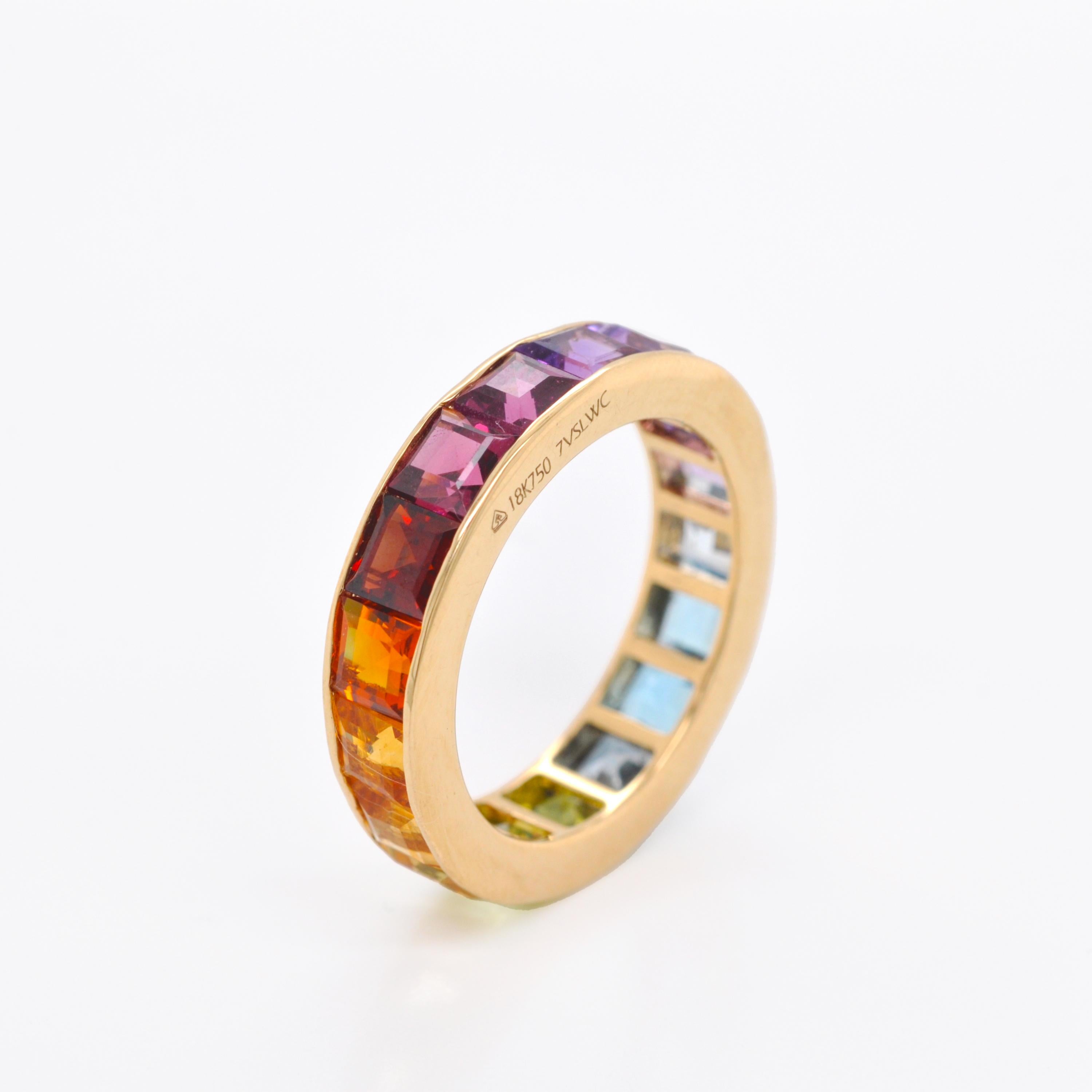 For Sale:  18K Gold Channel-Set 4 MM Square Rainbow Gemstones Eternity Band Ring 12