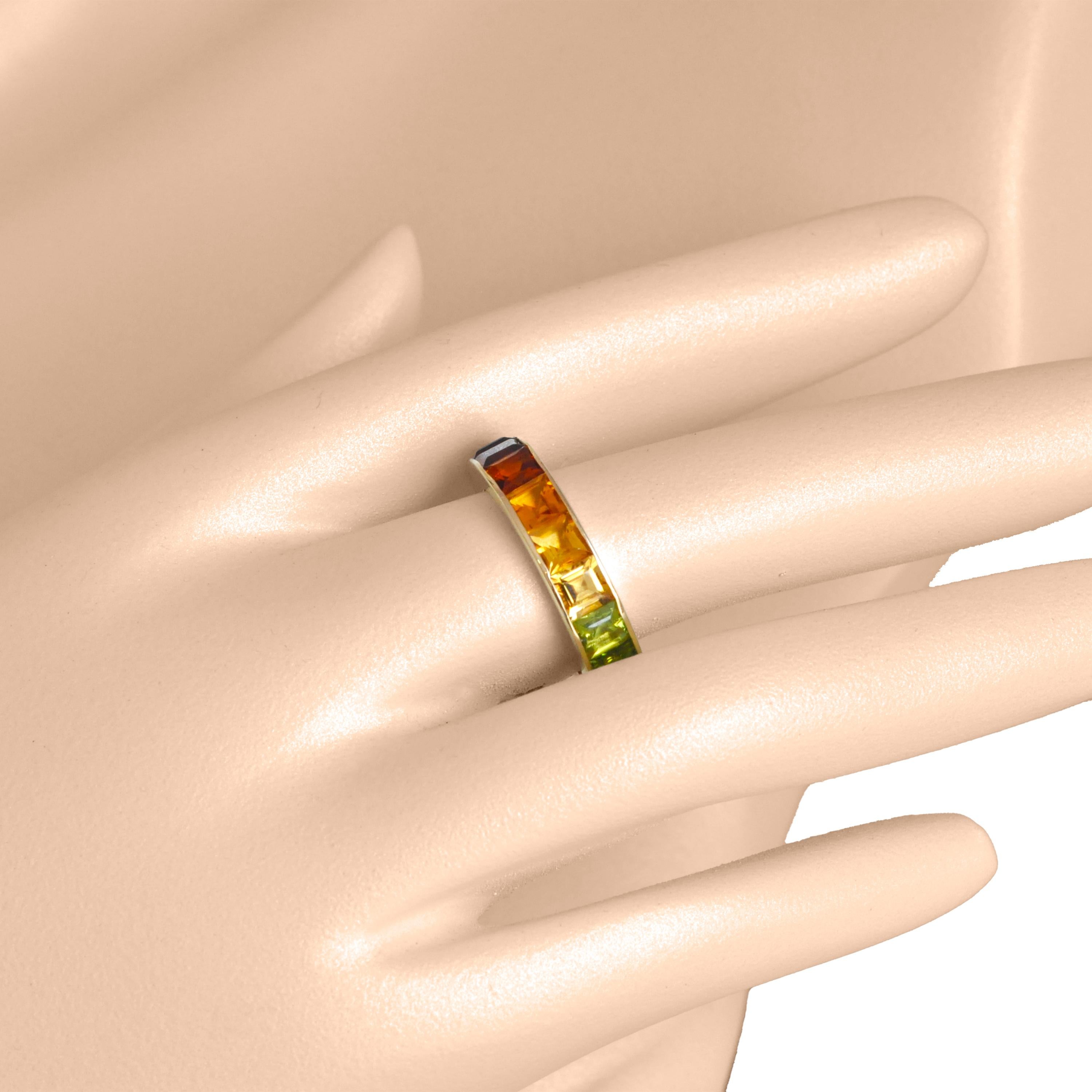 For Sale:  18K Gold Channel-Set 4 MM Square Rainbow Gemstones Eternity Band Ring 13