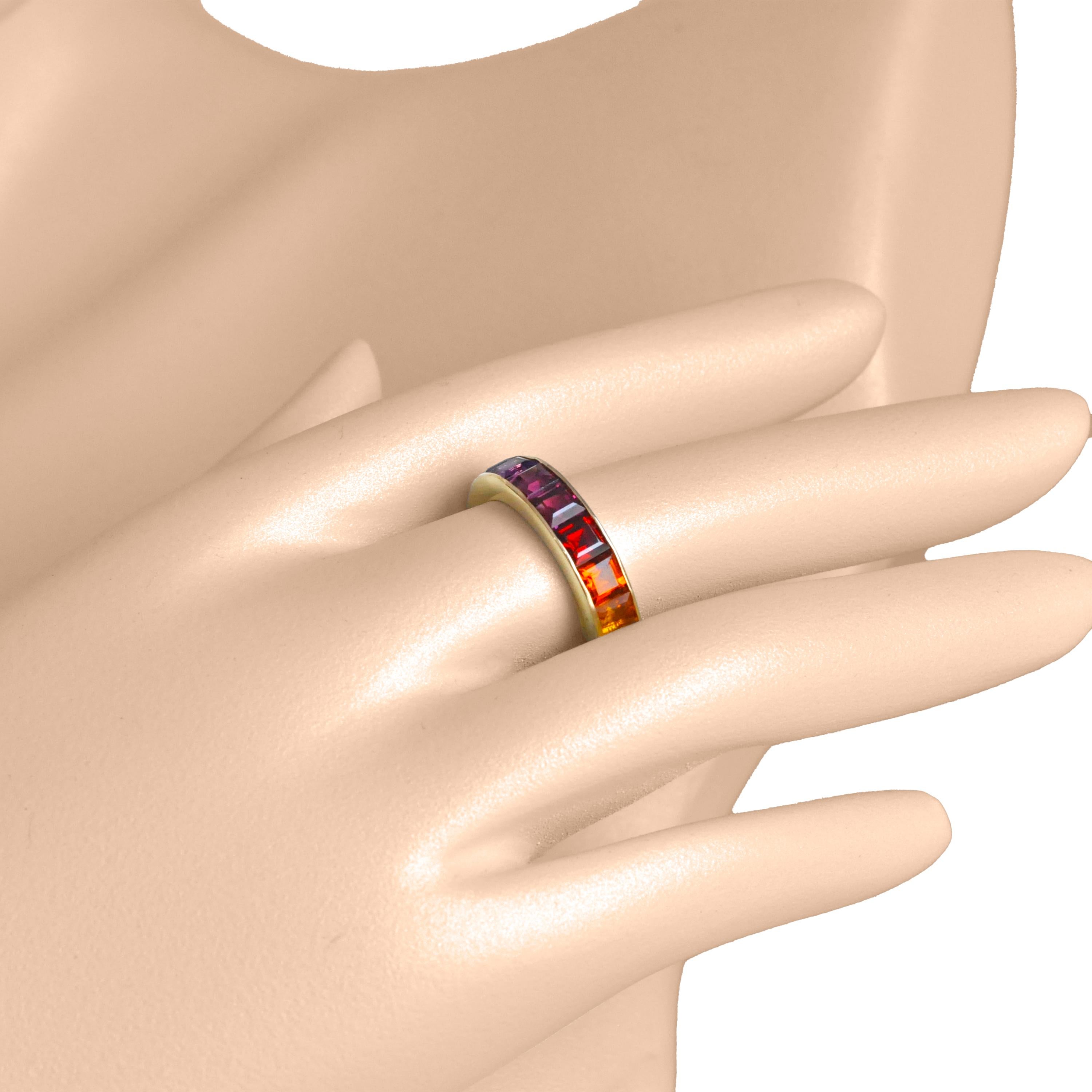 For Sale:  18K Gold Channel-Set 4 MM Square Rainbow Gemstones Eternity Band Ring 14
