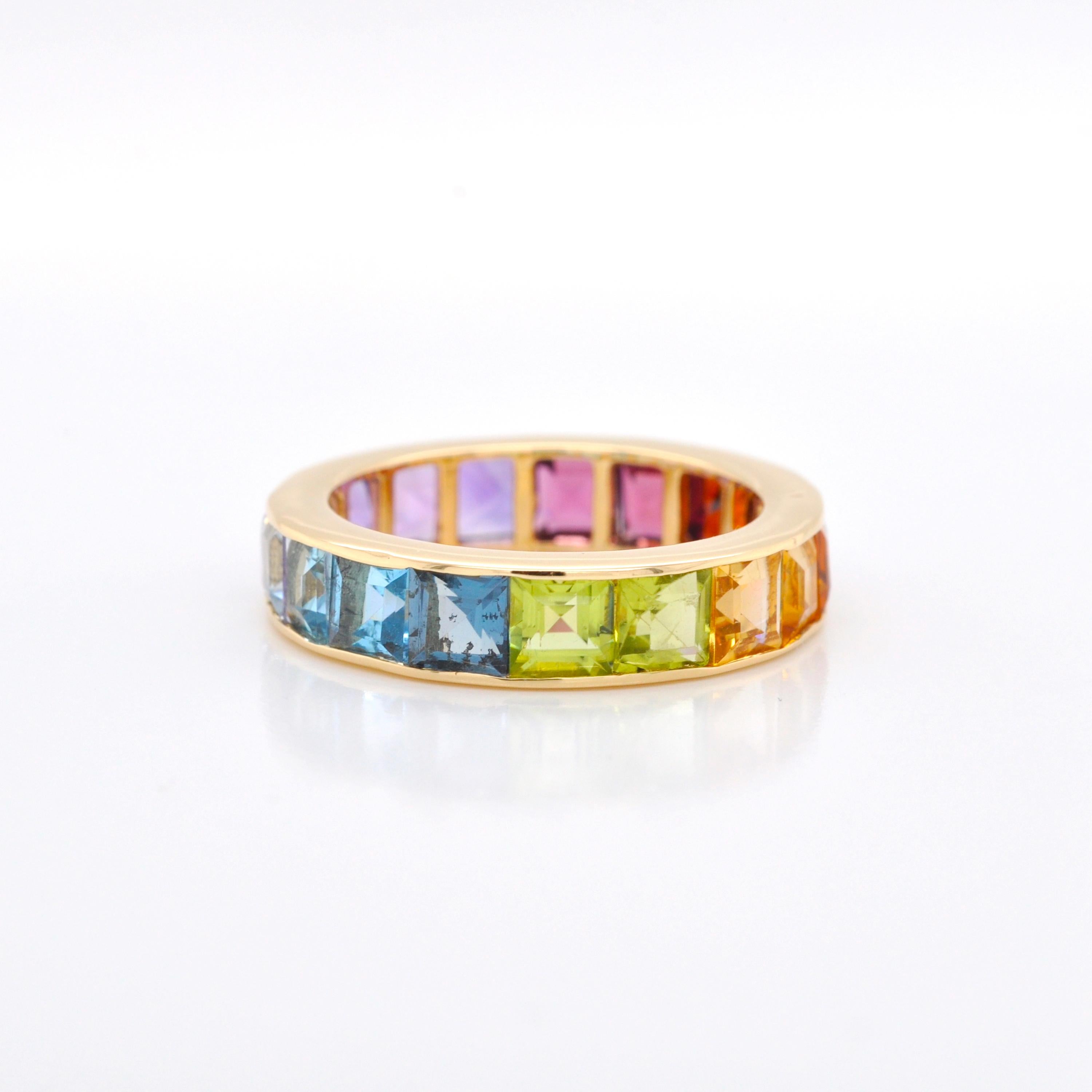 For Sale:  18K Gold Channel-Set 4 MM Square Rainbow Gemstones Eternity Band Ring 3