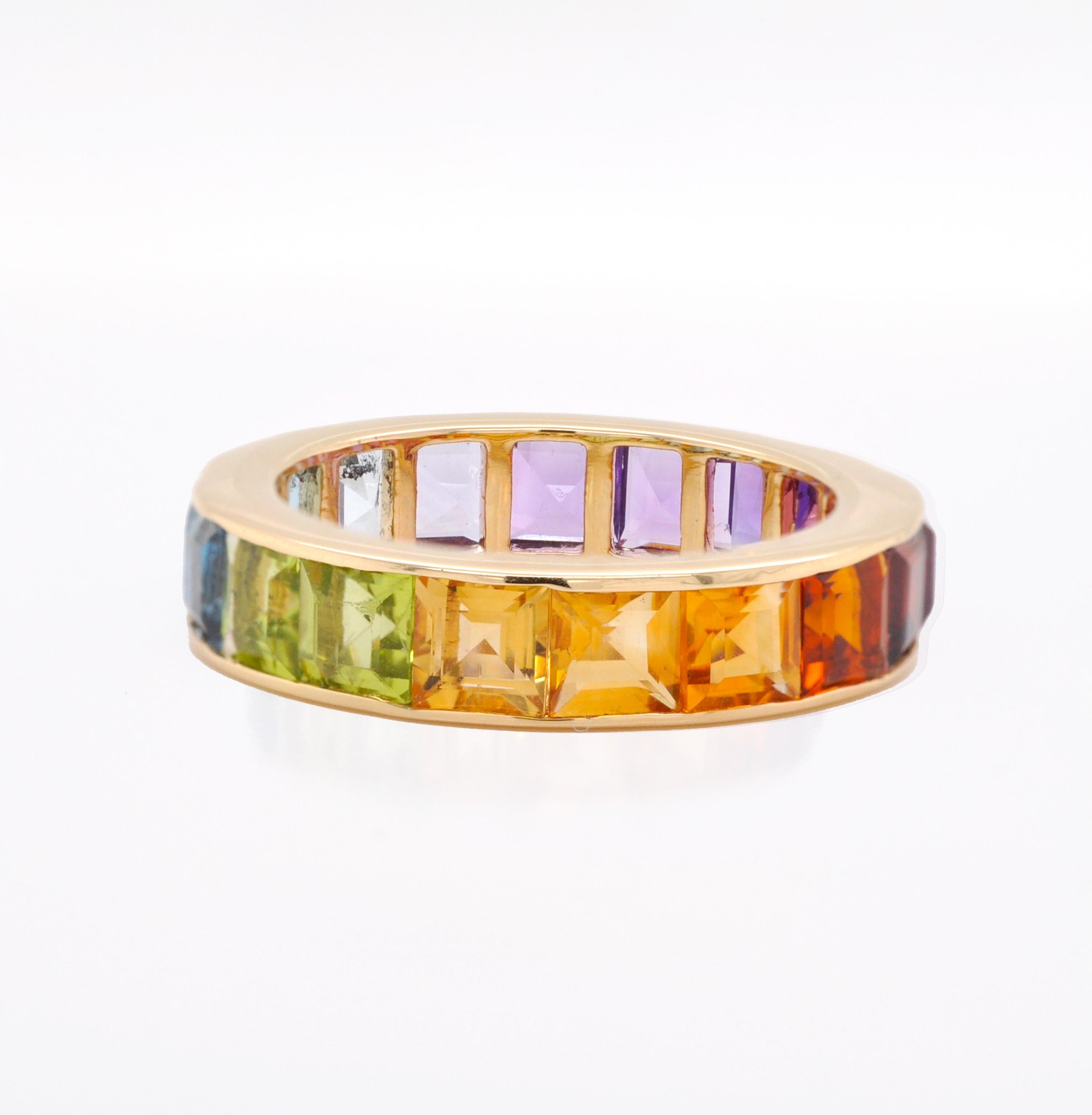 For Sale:  18K Gold Channel-Set 4 MM Square Rainbow Gemstones Eternity Band Ring 7
