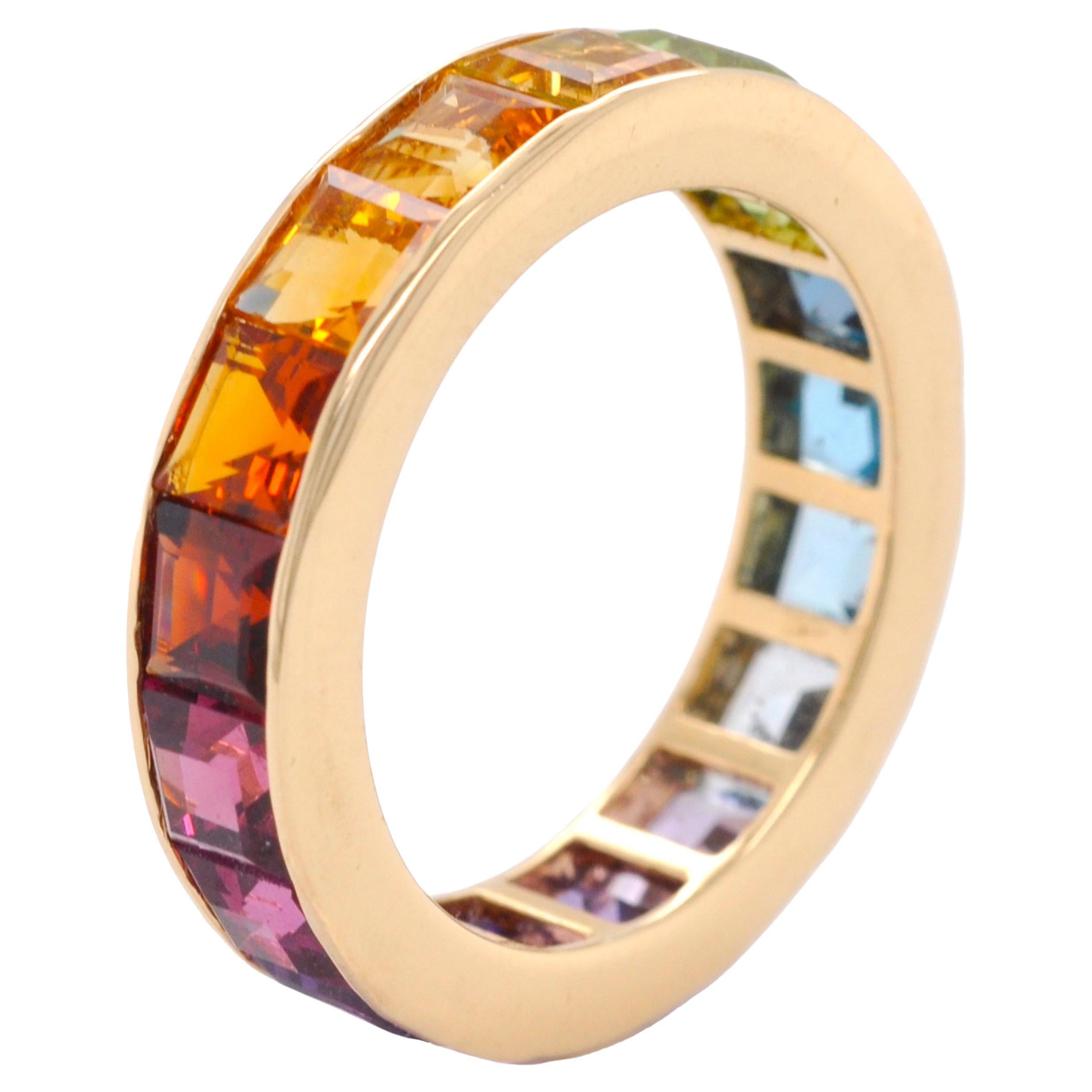 For Sale:  18K Gold Channel-Set 4 MM Square Rainbow Gemstones Eternity Band Ring