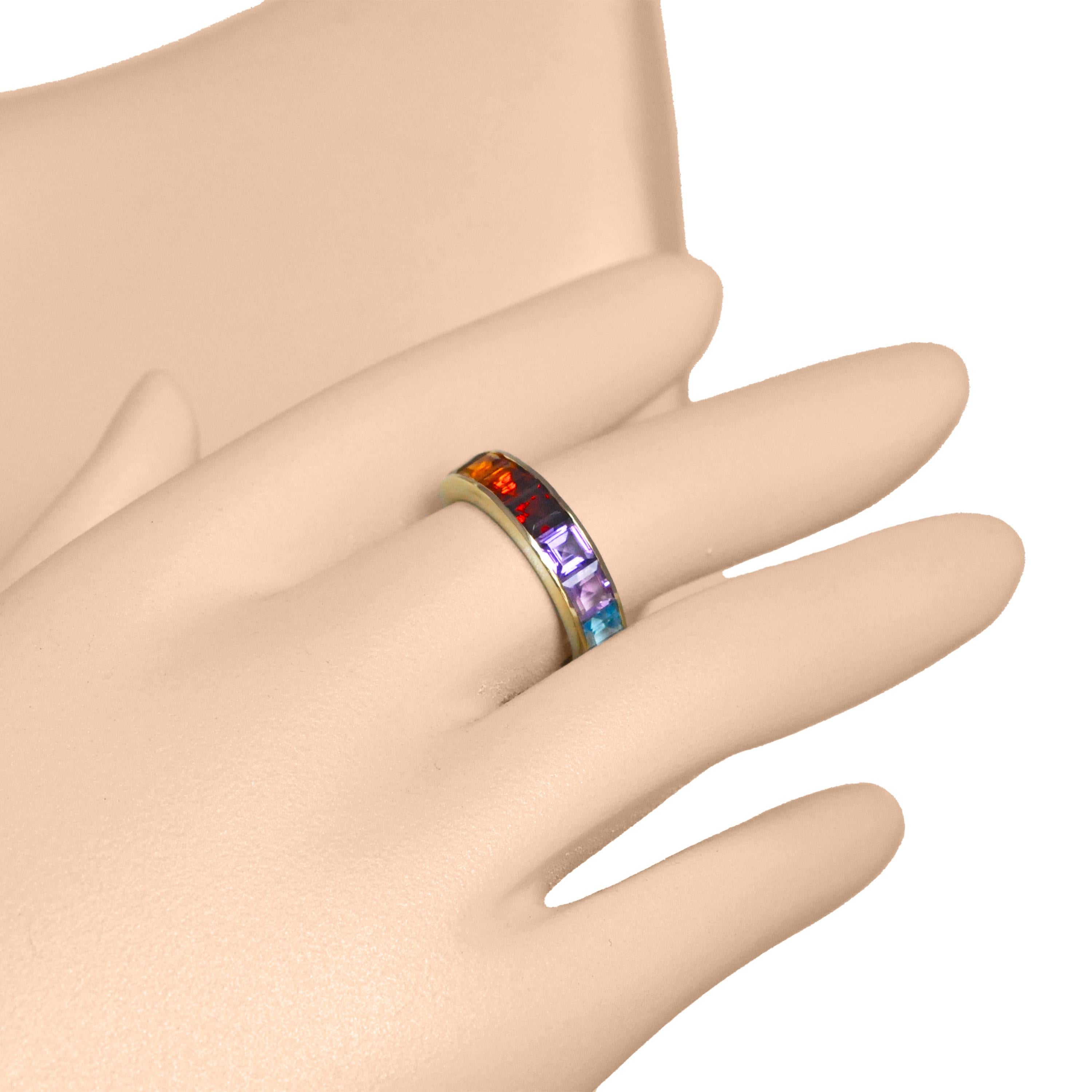 For Sale:  18K Gold Channel-Set 4 MM Square Rainbow Gemstones Eternity Half Band Ring 2