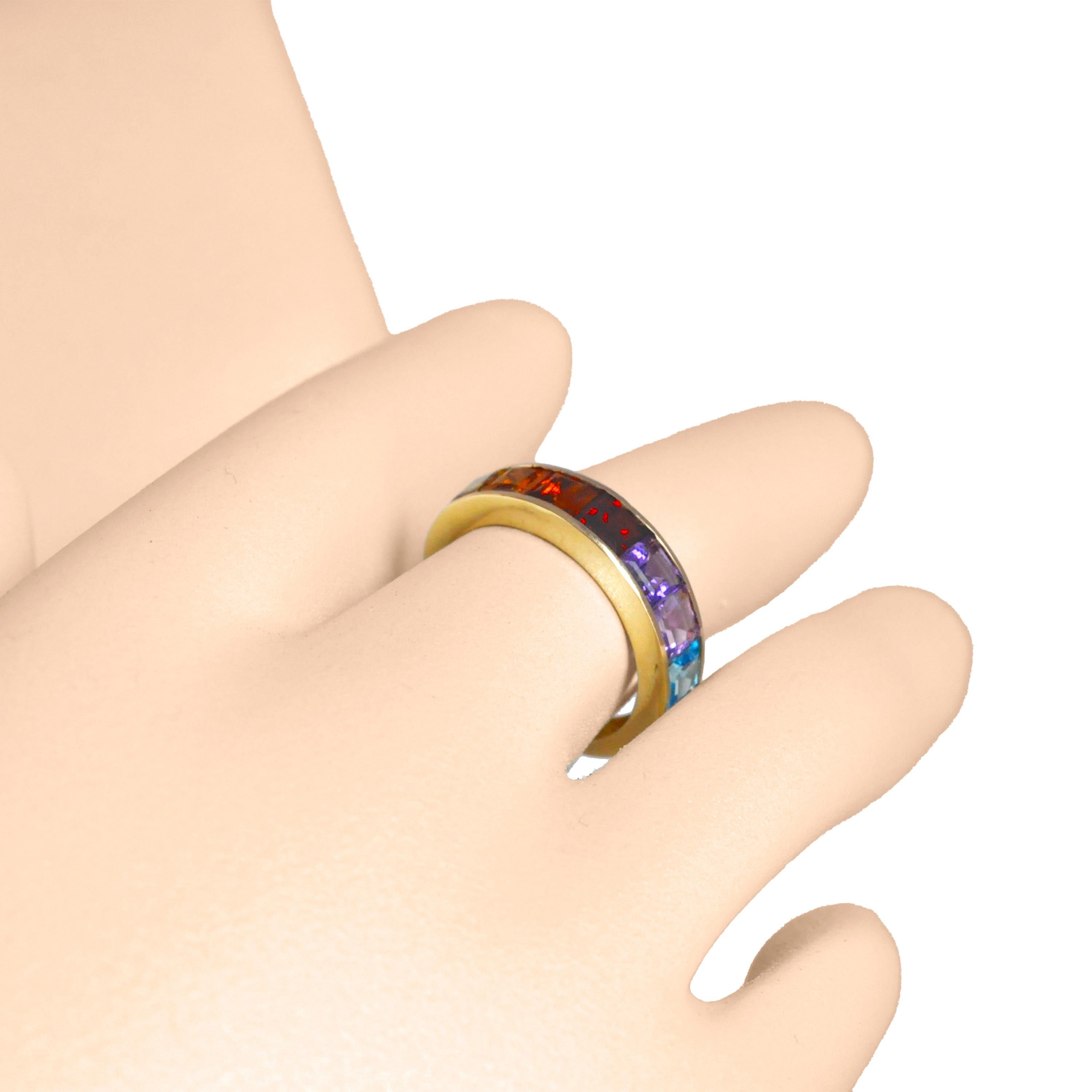 For Sale:  18K Gold Channel-Set 4 MM Square Rainbow Gemstones Eternity Half Band Ring 3