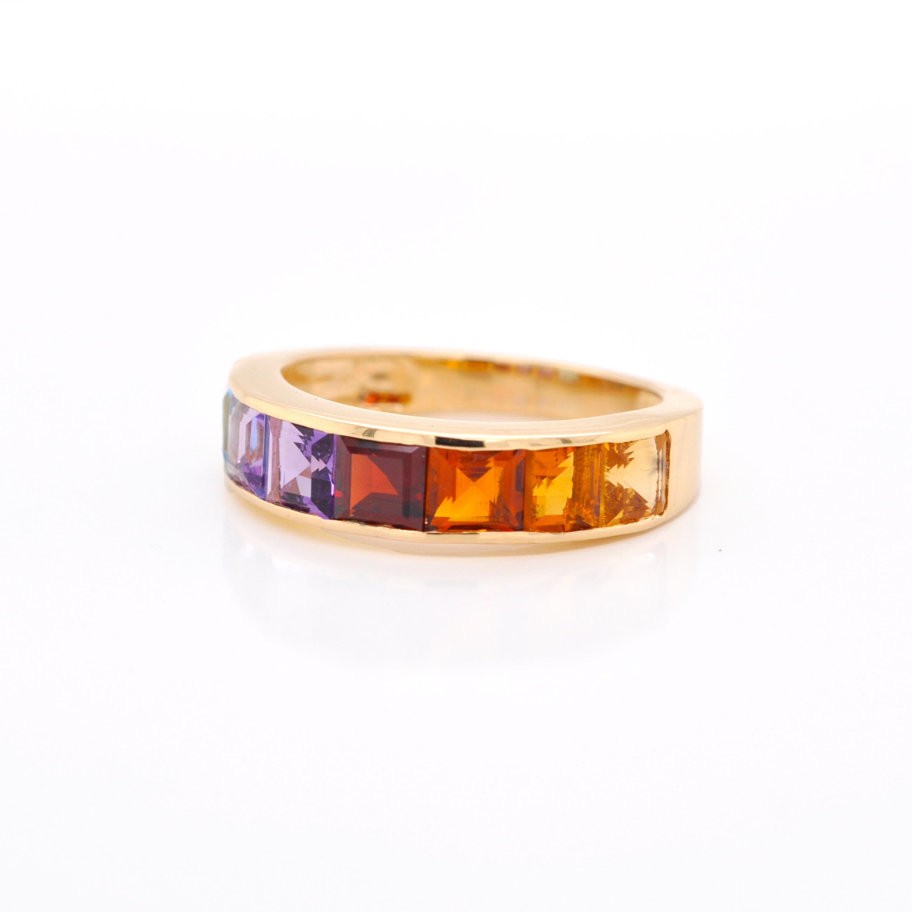 For Sale:  18K Gold Channel-Set 4 MM Square Rainbow Gemstones Eternity Half Band Ring 4