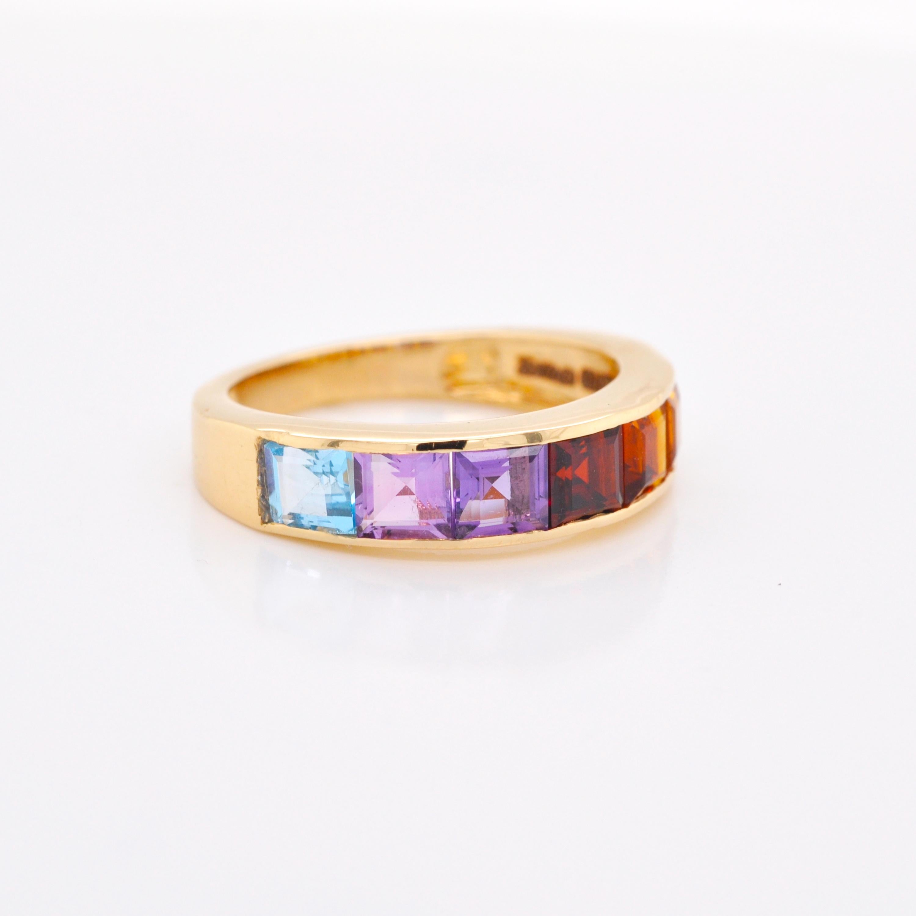 For Sale:  18K Gold Channel-Set 4 MM Square Rainbow Gemstones Eternity Half Band Ring 5