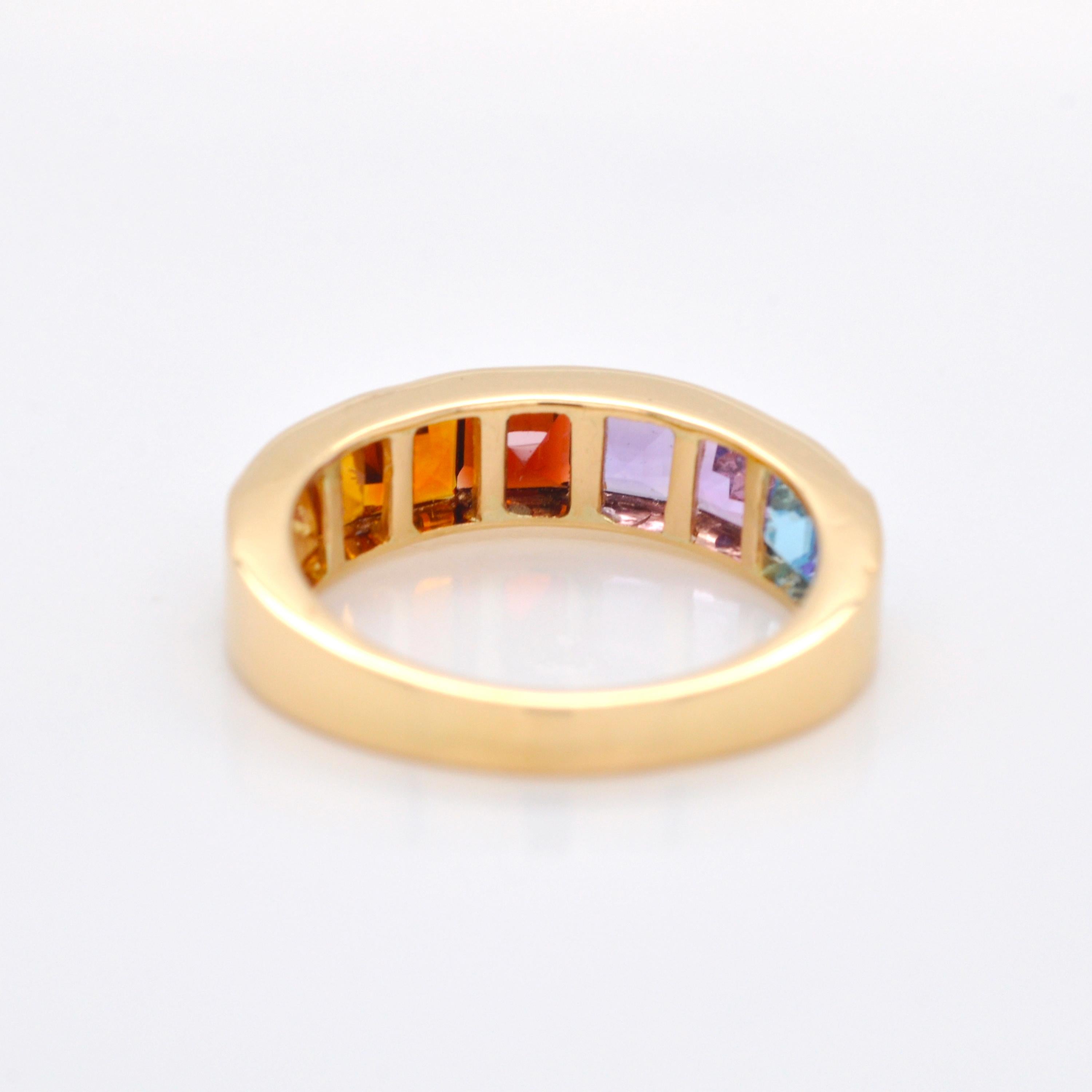 For Sale:  18K Gold Channel-Set 4 MM Square Rainbow Gemstones Eternity Half Band Ring 6