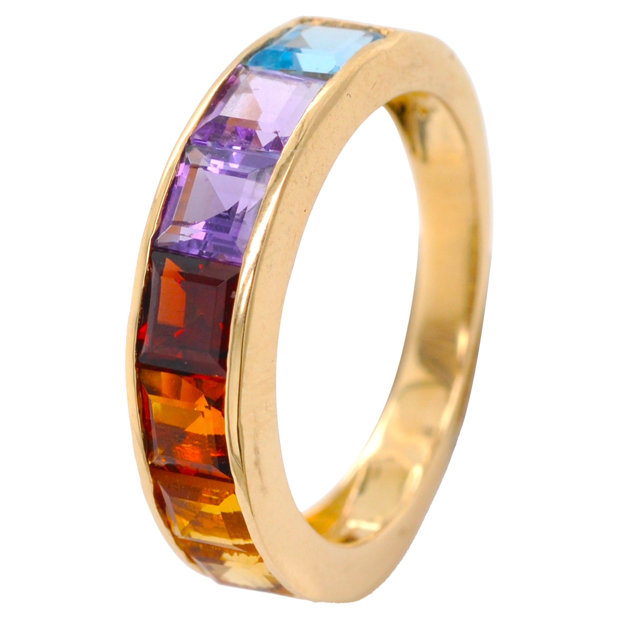 18K Gold Channel-Set 4 MM Square Rainbow Gemstones Eternity Half Band Ring