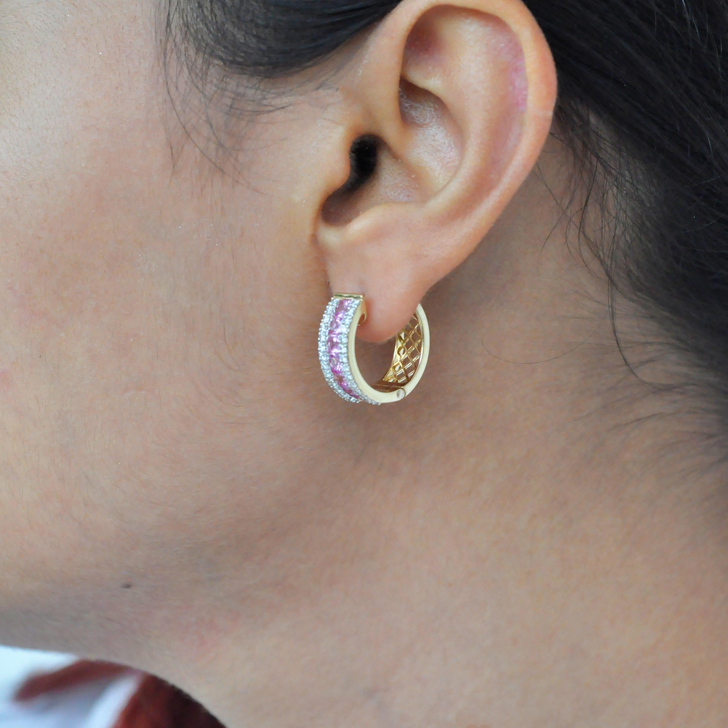18K Gold Channel Set Princess Cut Pink Sapphire Diamond Huggies Hoops Earrings For Sale 6