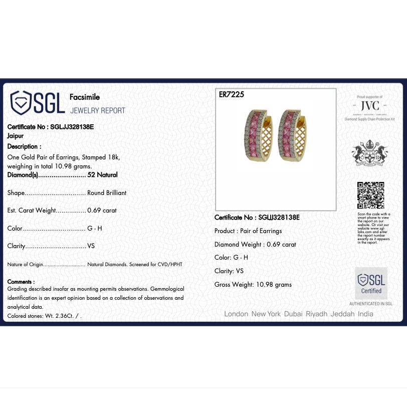 18 Karat Gold Creolen mit rosa Saphir und Diamant im Prinzessinnenschliff 7