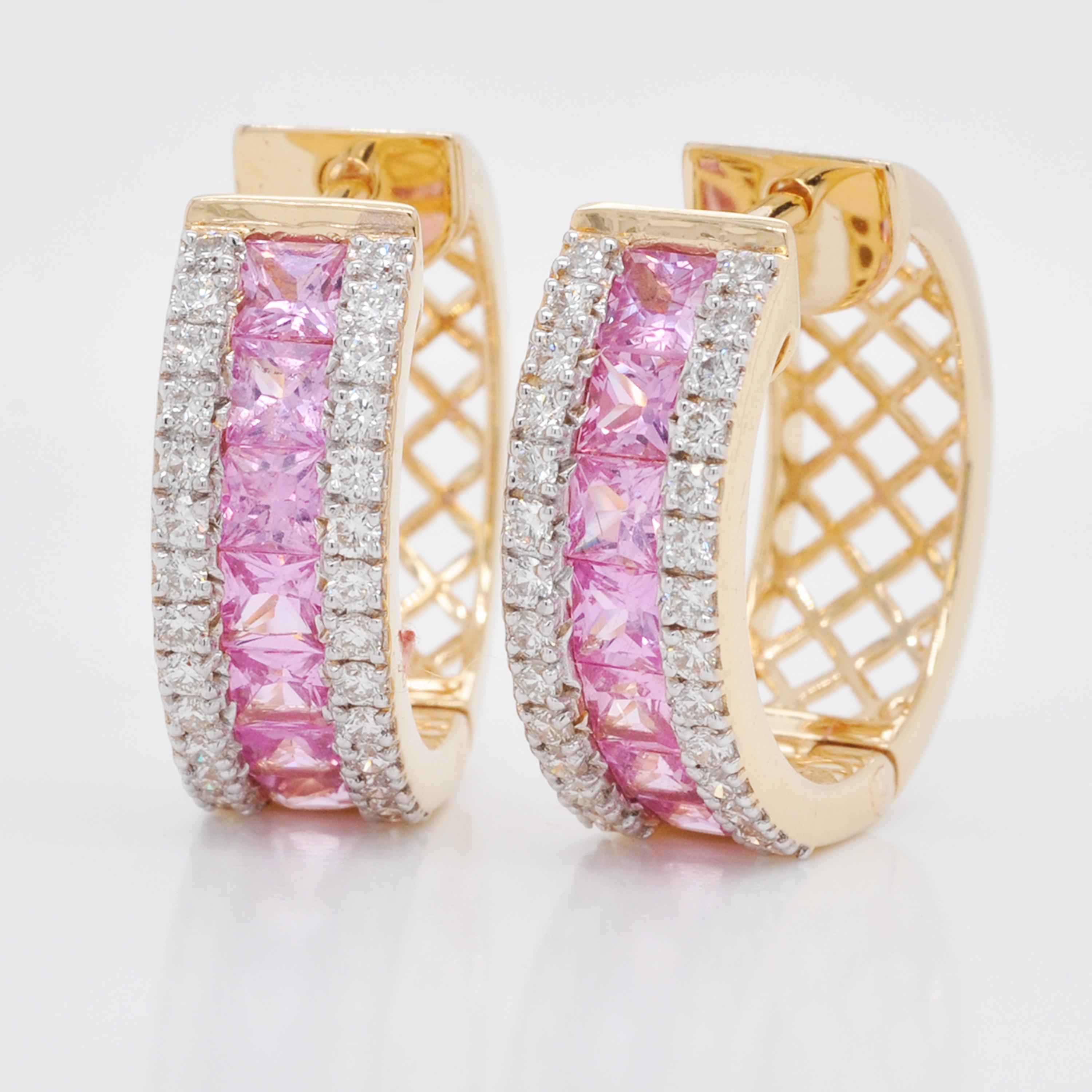 Contemporary 18K Gold Channel Set Princess Cut Pink Sapphire Diamond Huggies Hoops Earrings For Sale