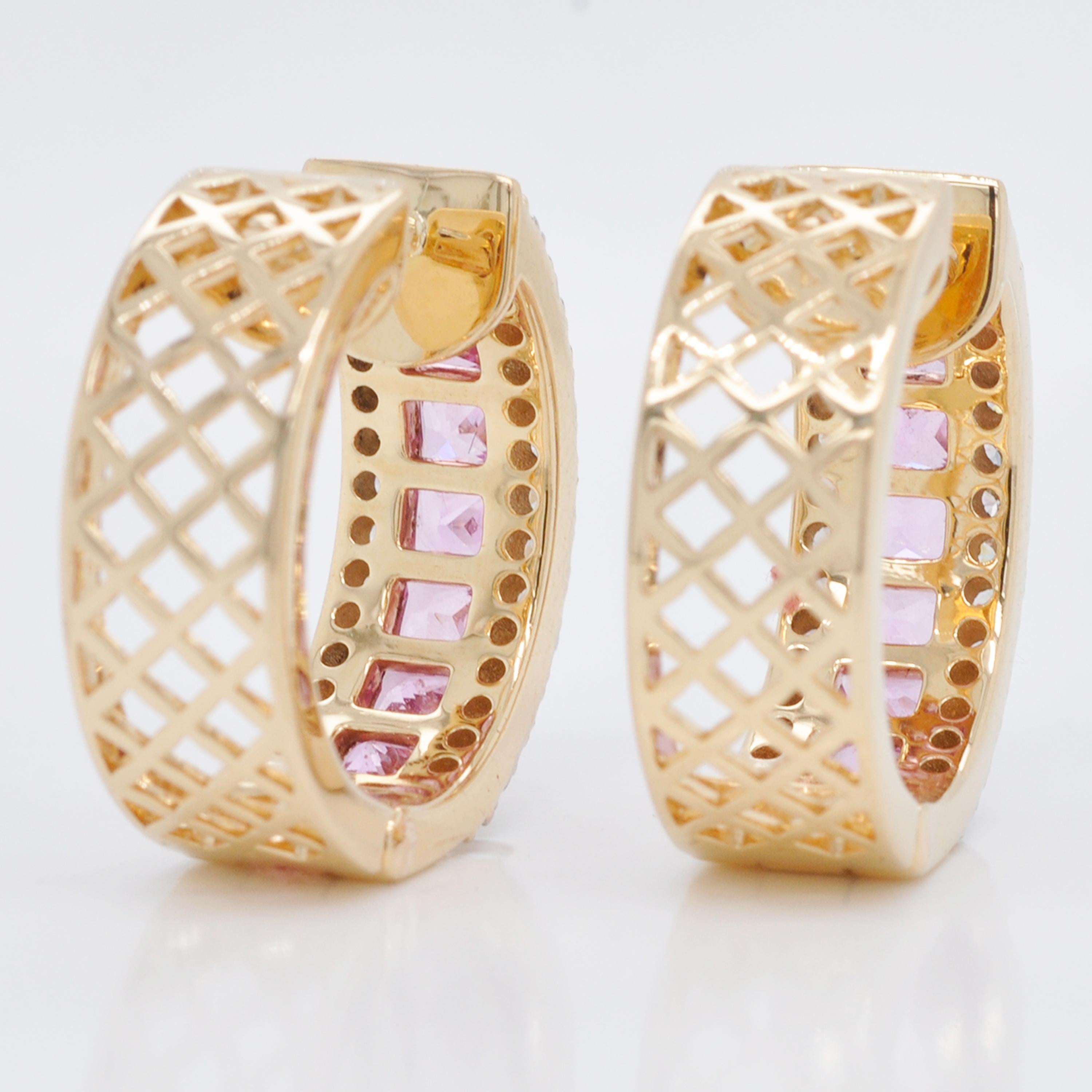 18 Karat Gold Creolen mit rosa Saphir und Diamant im Prinzessinnenschliff Damen