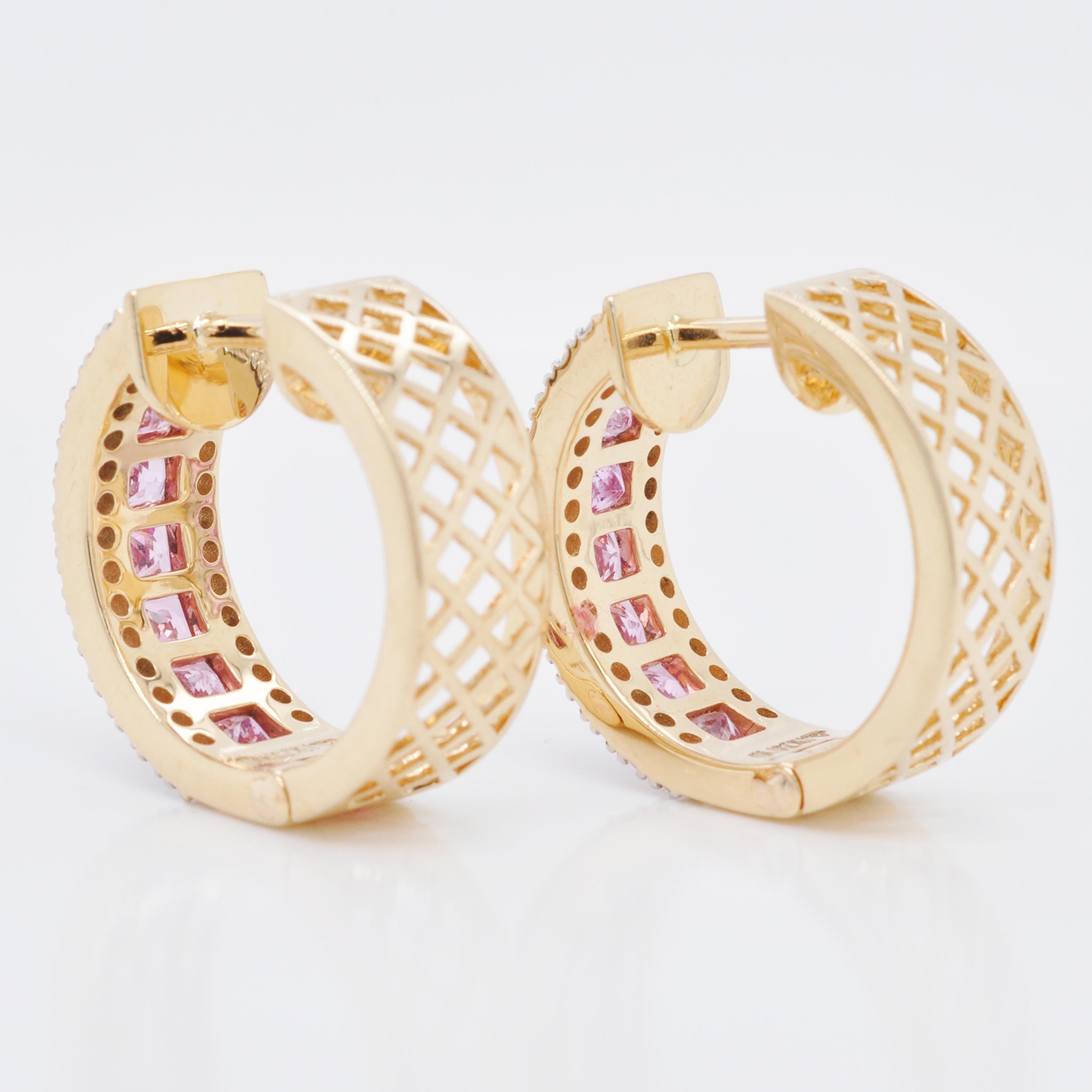 18K Gold Channel Set Princess Cut Pink Sapphire Diamond Huggies Hoops Earrings For Sale 1