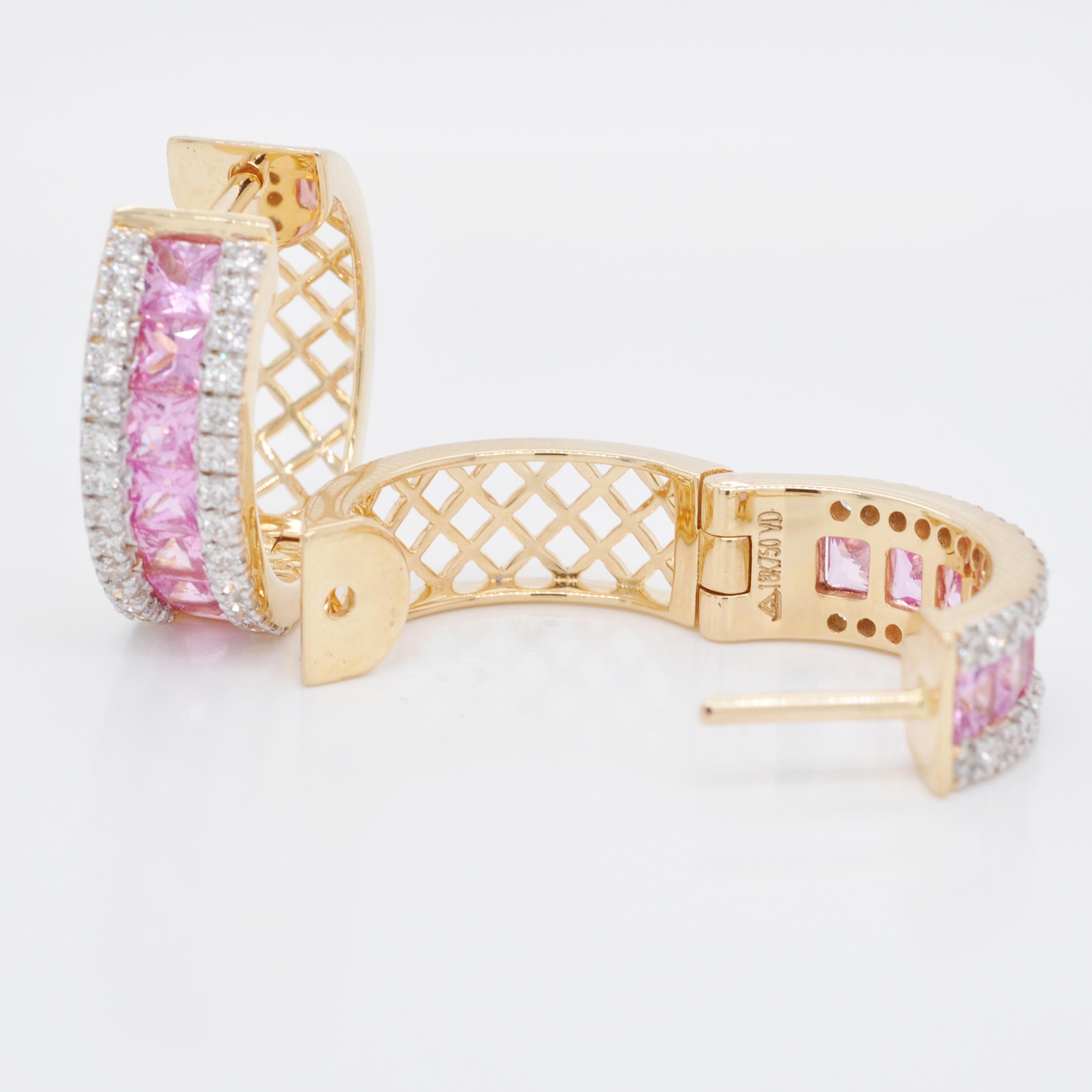 18K Gold Channel Set Princess Cut Pink Sapphire Diamond Huggies Hoops Earrings For Sale 2