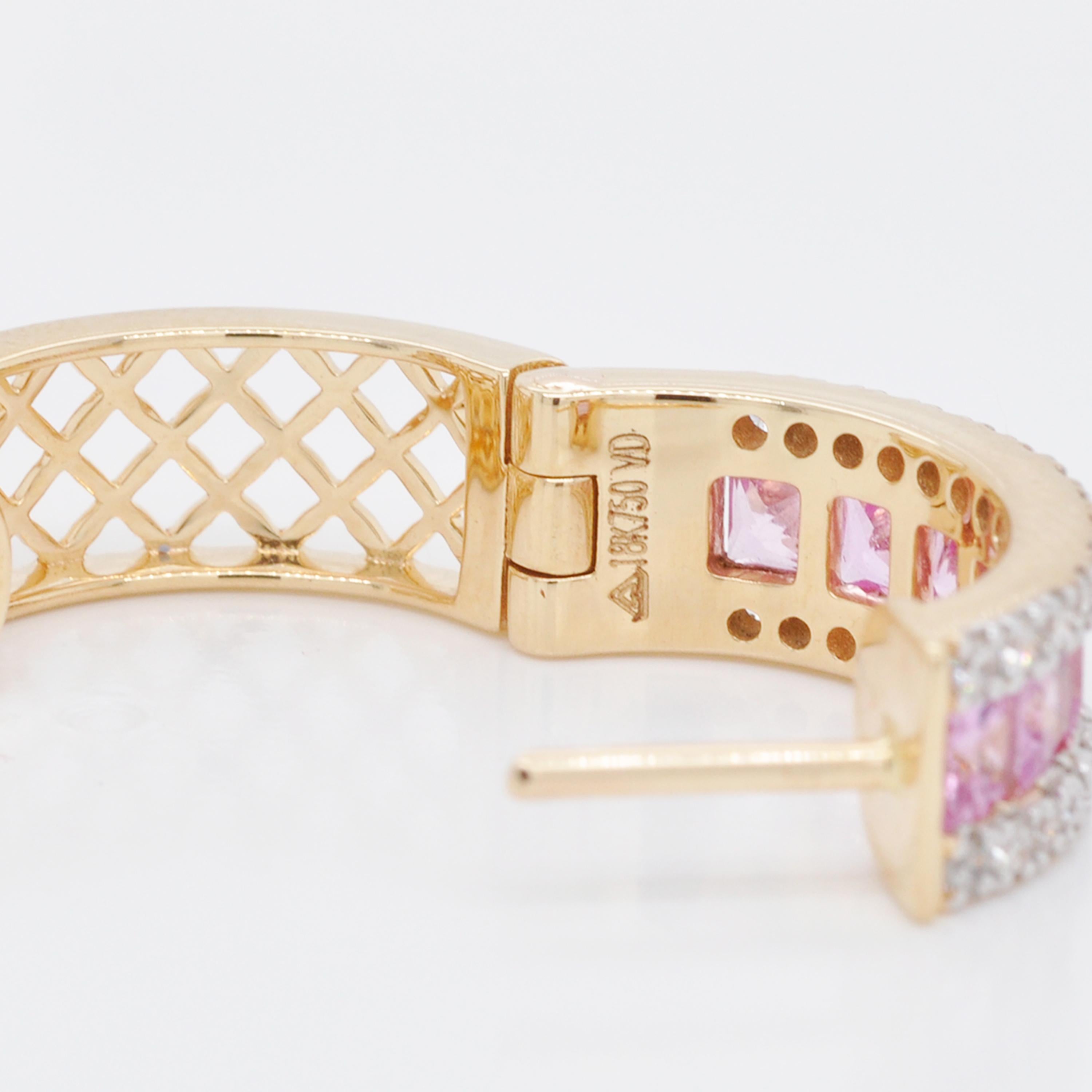 18K Gold Channel Set Princess Cut Pink Sapphire Diamond Huggies Hoops Earrings For Sale 3