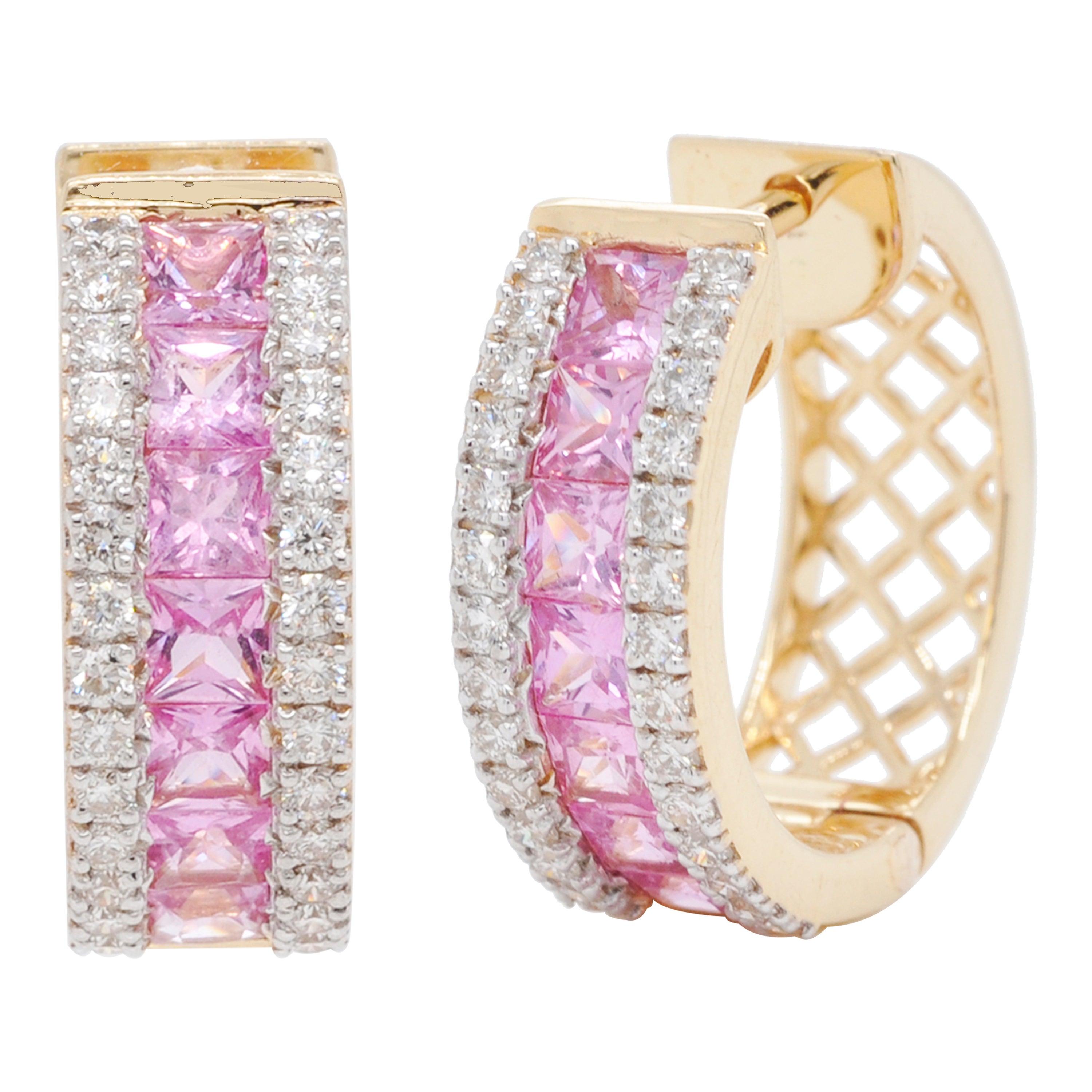 18K Gold Channel Set Princess Cut Pink Sapphire Diamond Huggies Hoops Earrings For Sale
