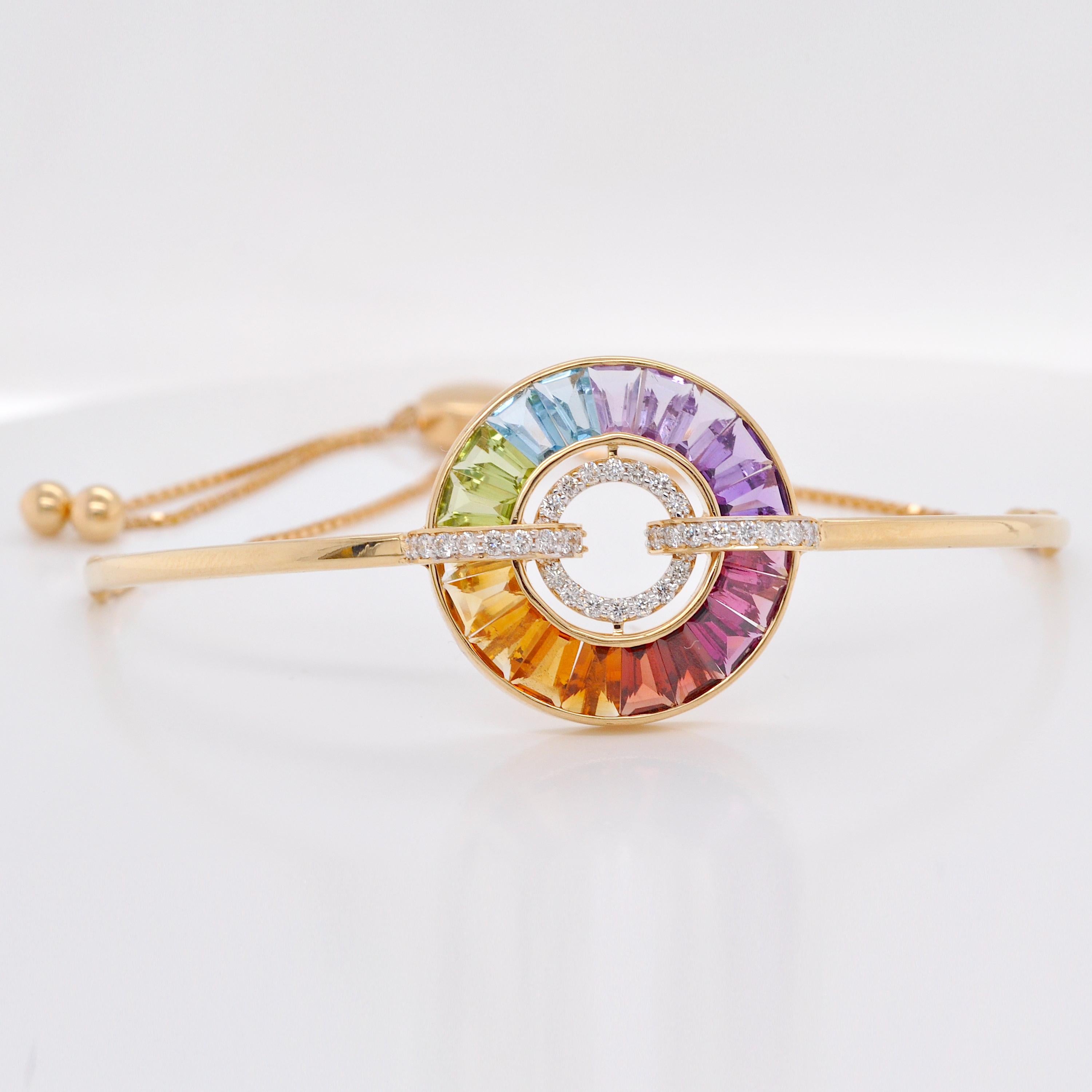 18K Gold Channel Set Rainbow Baguette Gemstones Diamond Circle Bolo Bracelet For Sale 4