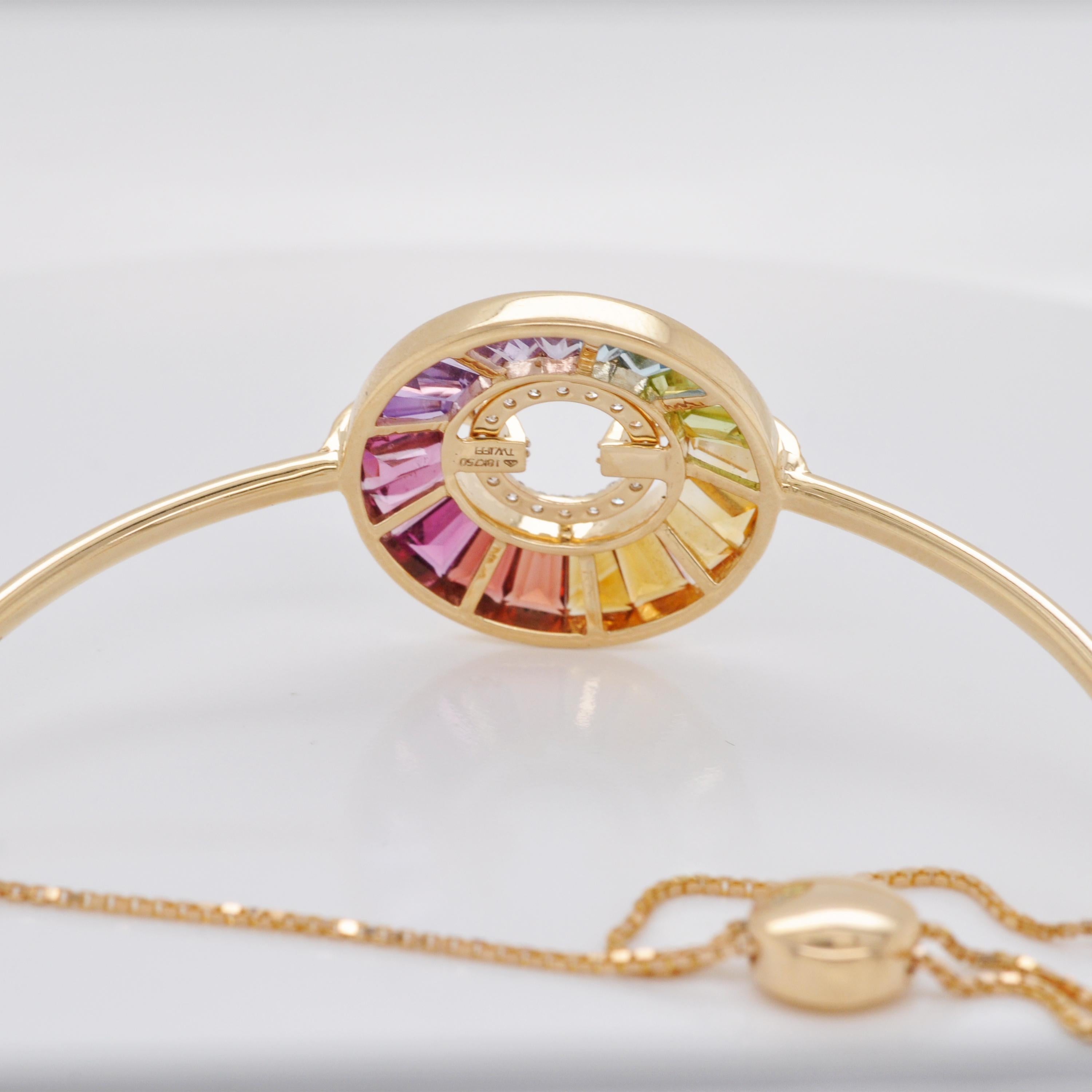 18K Gold Channel Set Rainbow Baguette Gemstones Diamond Circle Bolo Bracelet For Sale 5