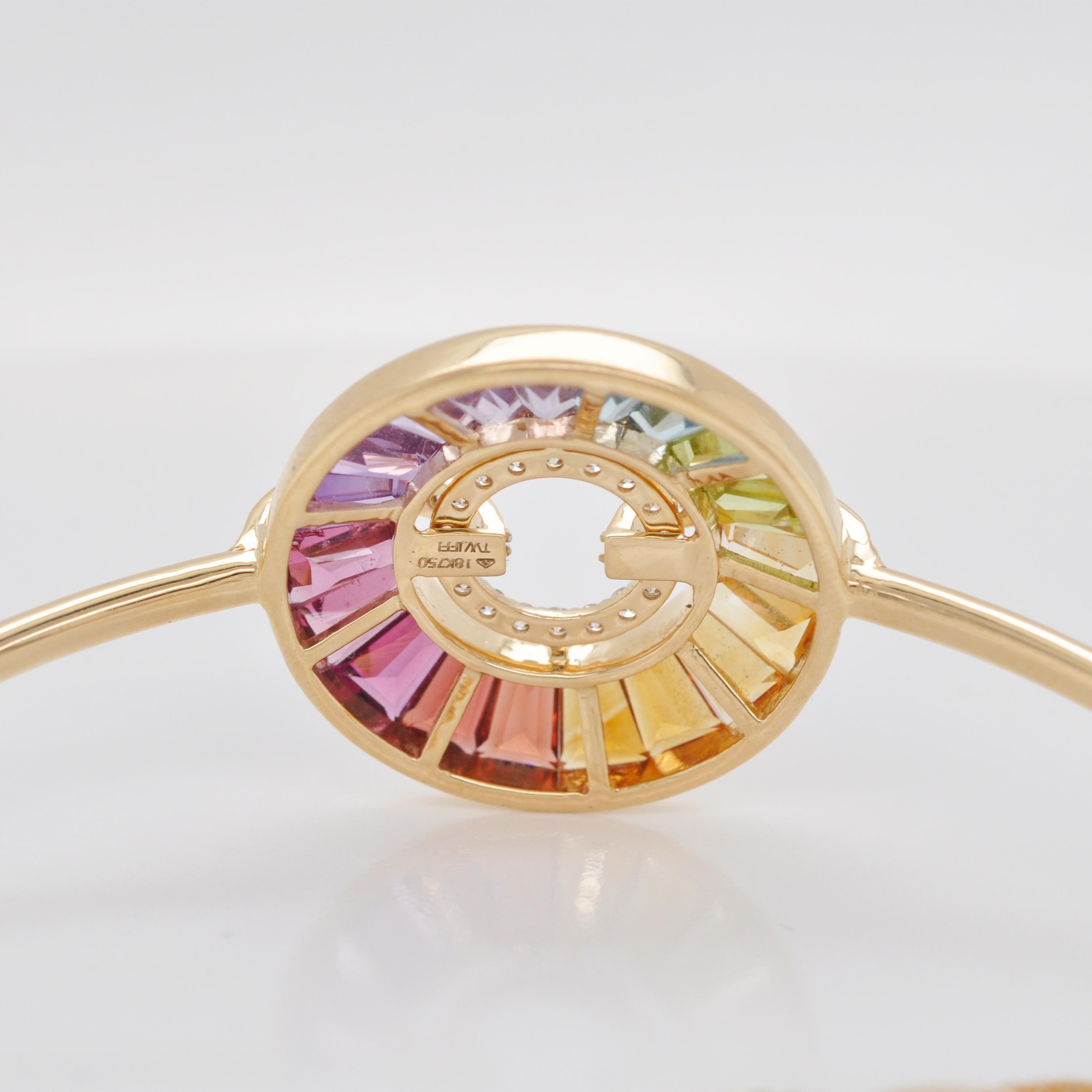 18K Gold Channel Set Rainbow Baguette Gemstones Diamond Circle Bolo Bracelet For Sale 6