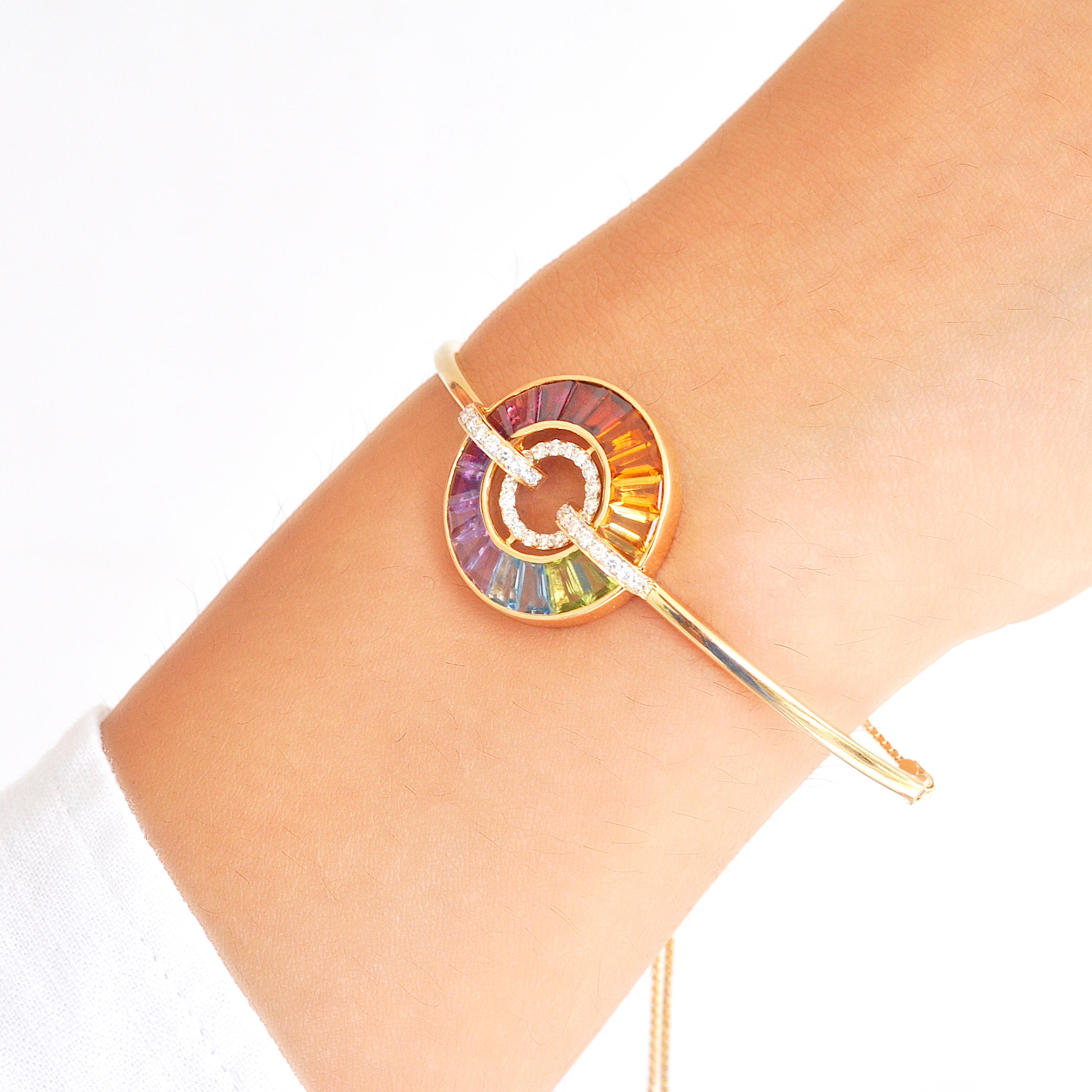 Contemporary 14K Yellow Gold Rainbow Baguette Gemstones Diamond Circle Pride Bolo Bracelet For Sale
