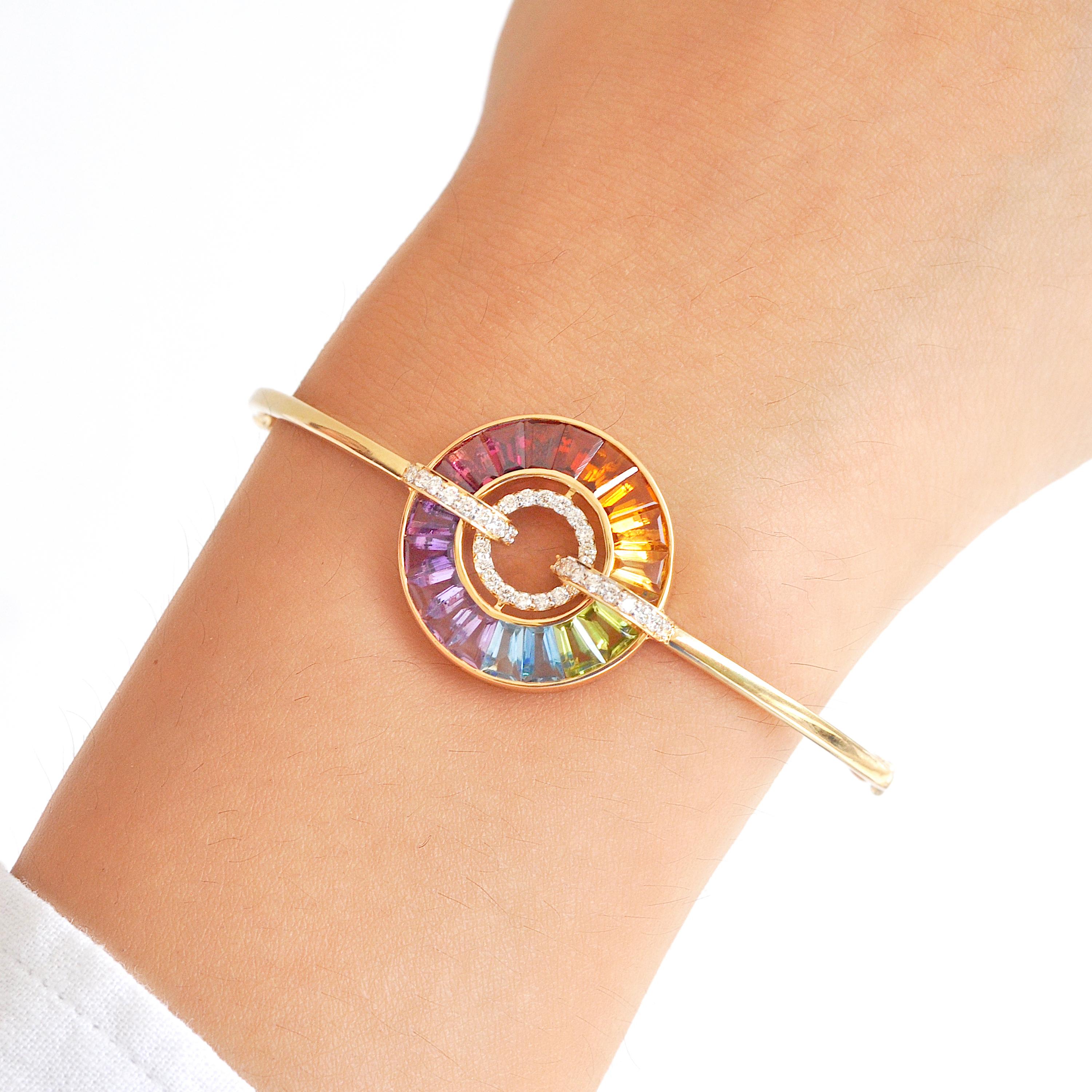 Tapered Baguette 14K Yellow Gold Rainbow Baguette Gemstones Diamond Circle Pride Bolo Bracelet For Sale