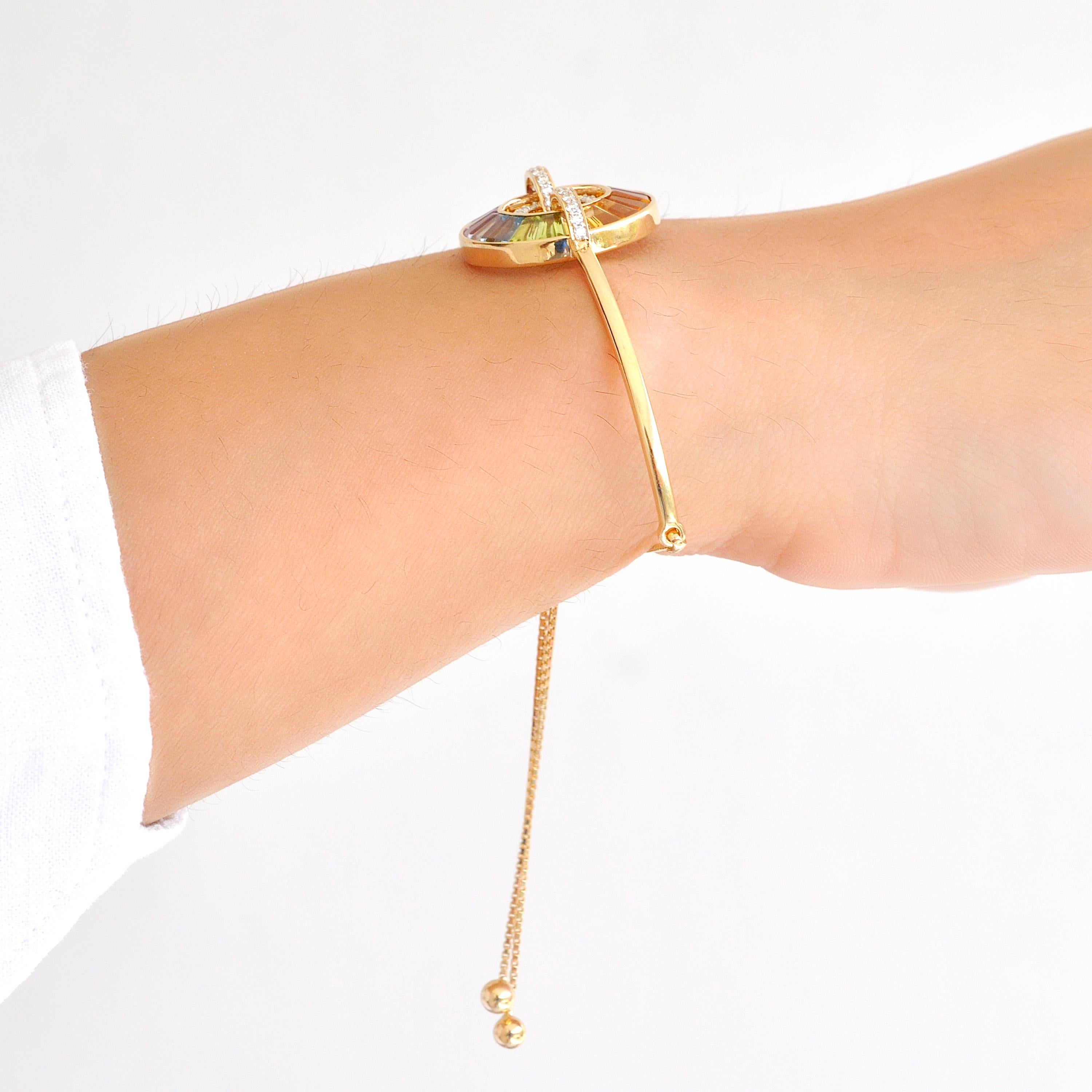 Women's 14K Yellow Gold Rainbow Baguette Gemstones Diamond Circle Pride Bolo Bracelet For Sale