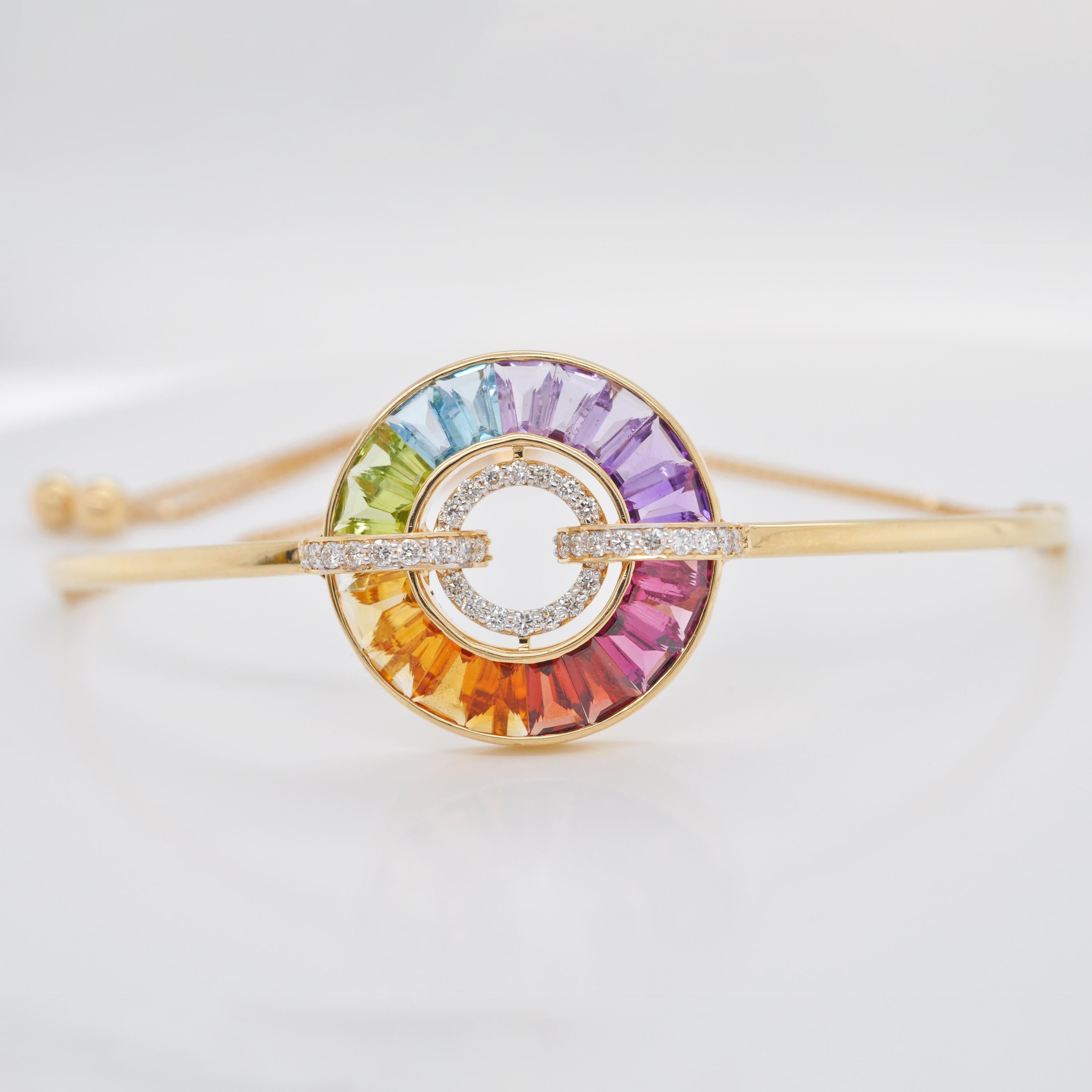 14K Yellow Gold Rainbow Baguette Gemstones Diamond Circle Pride Bolo Bracelet For Sale 1