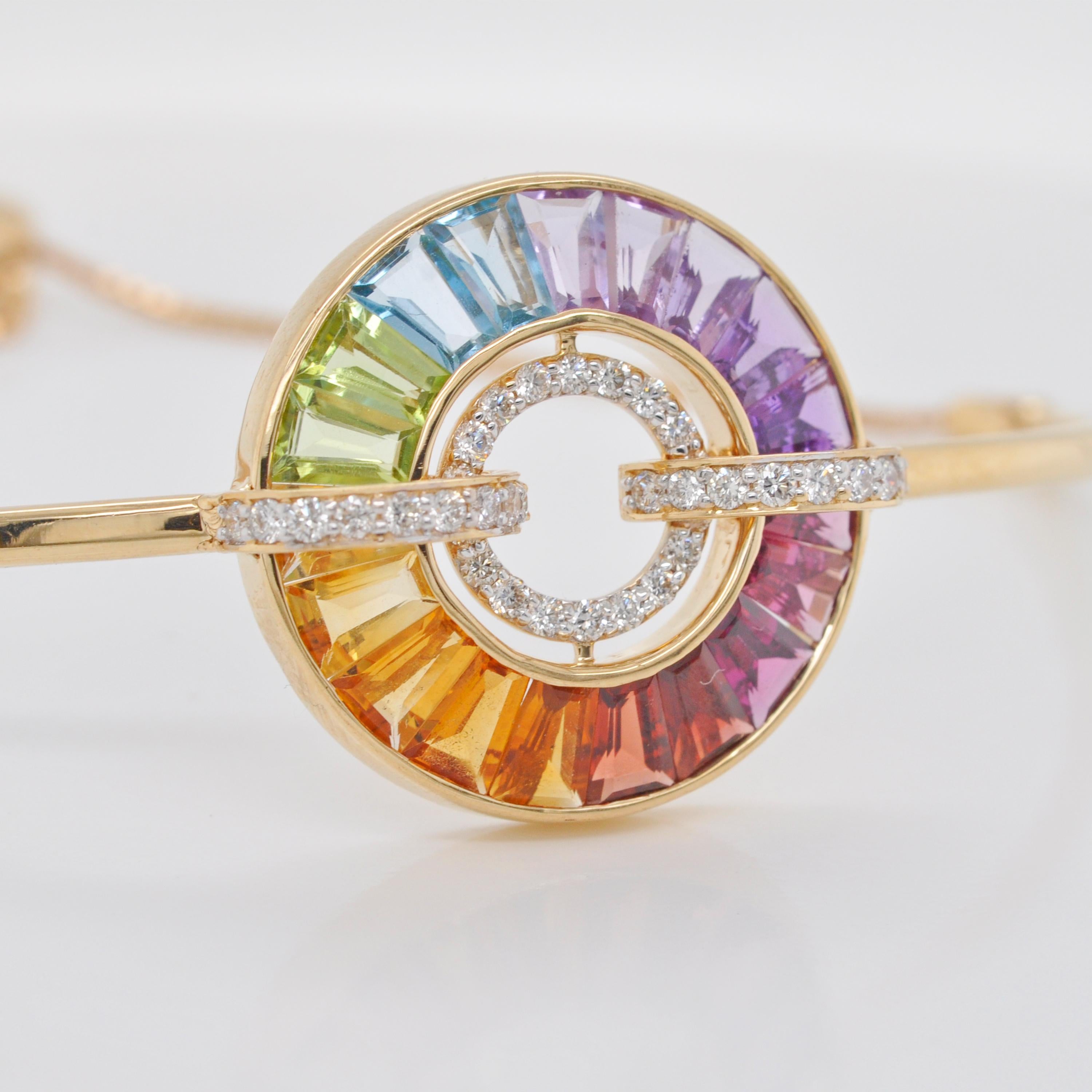 18K Gold Channel Set Rainbow Baguette Gemstones Diamond Circle Bolo Bracelet For Sale 2