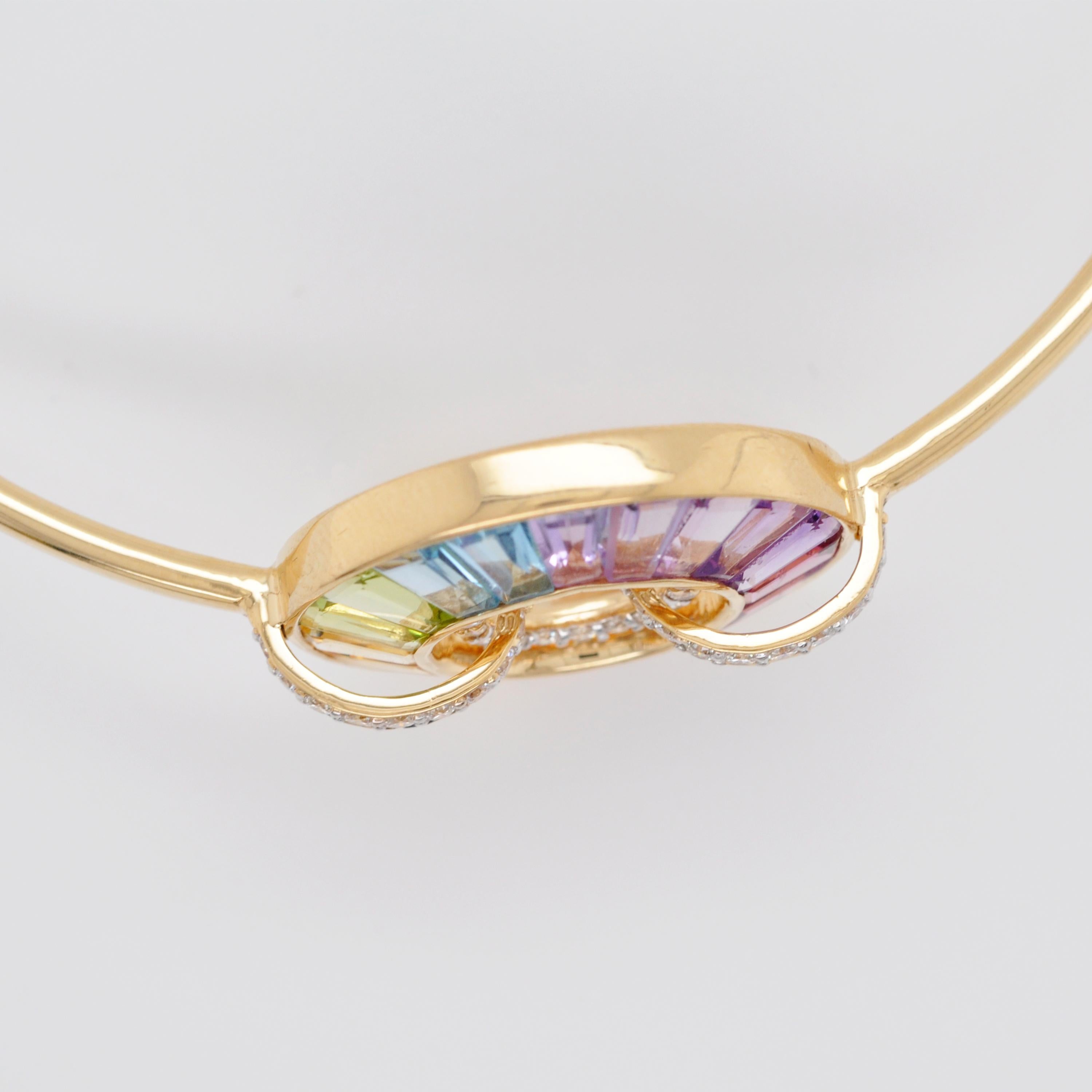 14K Yellow Gold Rainbow Baguette Gemstones Diamond Circle Pride Bolo Bracelet For Sale 3