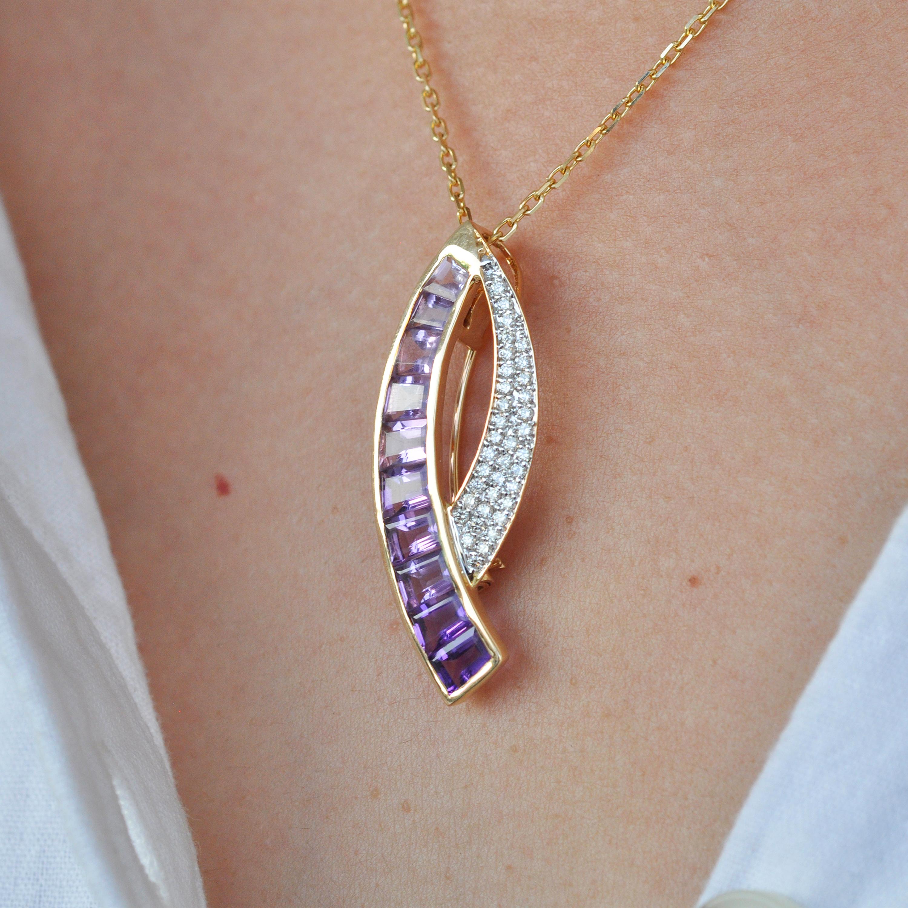 18K Gold Channel Set Taper Baguette Amethyst Diamond Sword Pendant Earrings Set For Sale 12