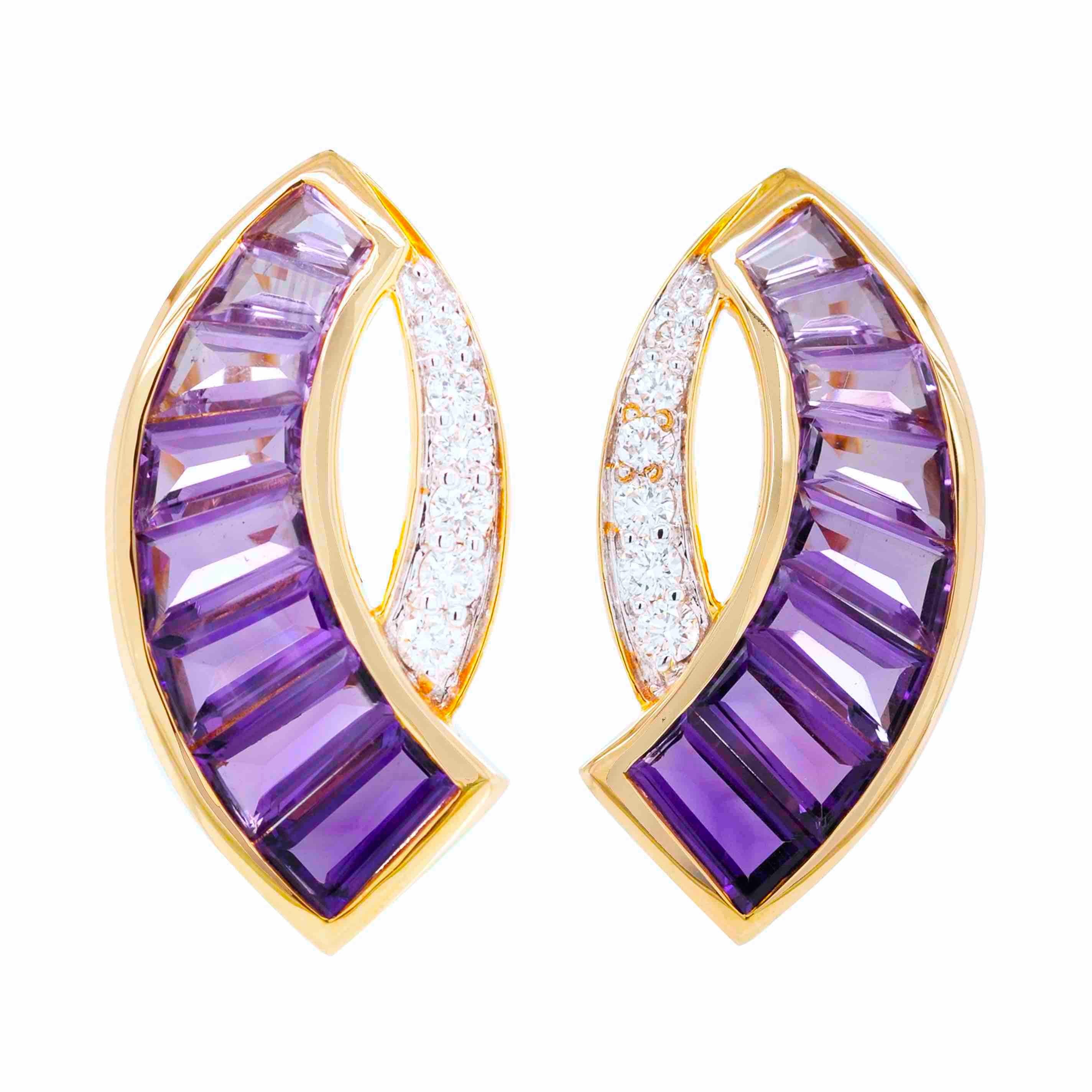 18K Gold Channel Set Taper Baguette Amethyst Diamond Sword Pendant Earrings Set For Sale 2