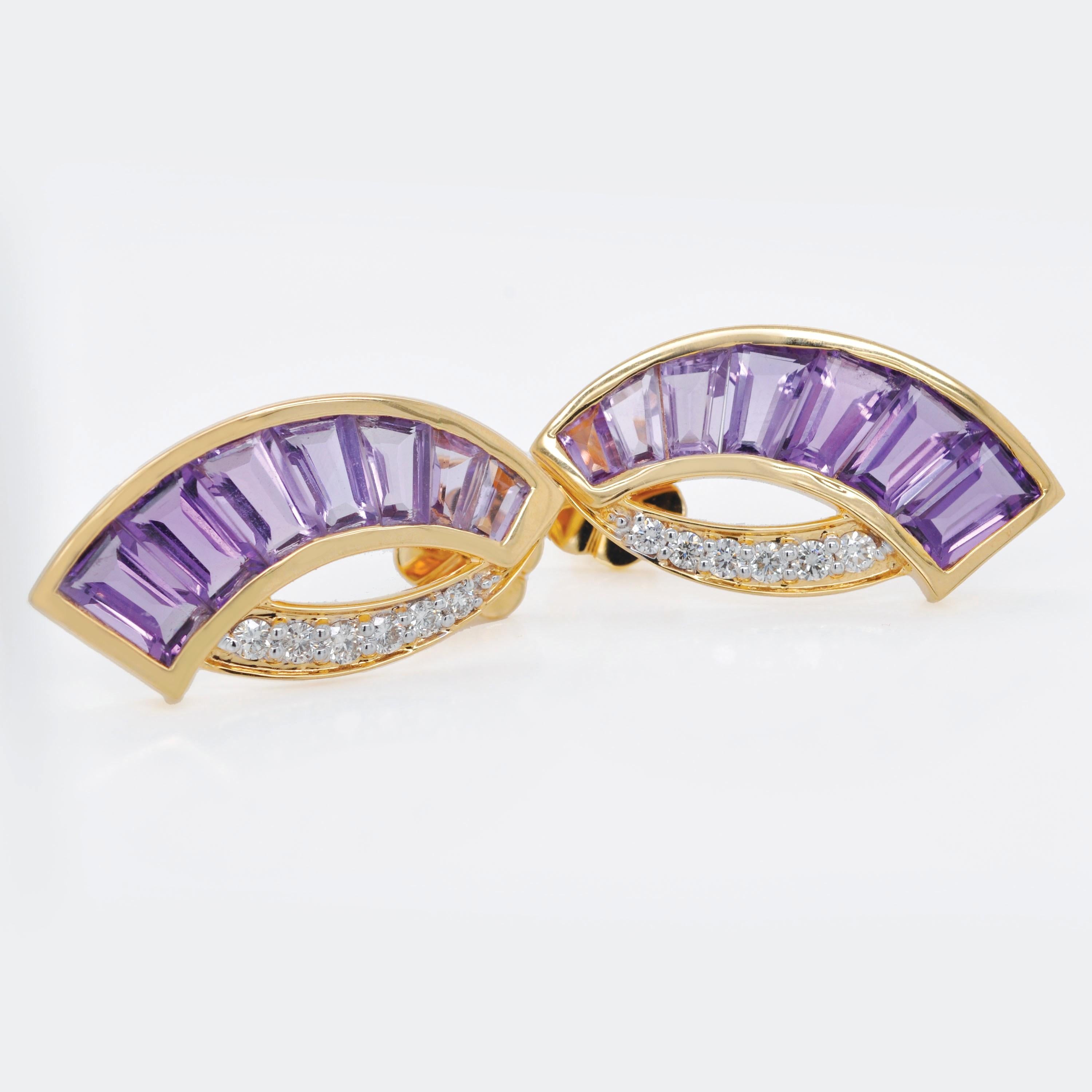 18K Gold Channel Set Taper Baguette Amethyst Diamond Sword Pendant Earrings Set For Sale 8