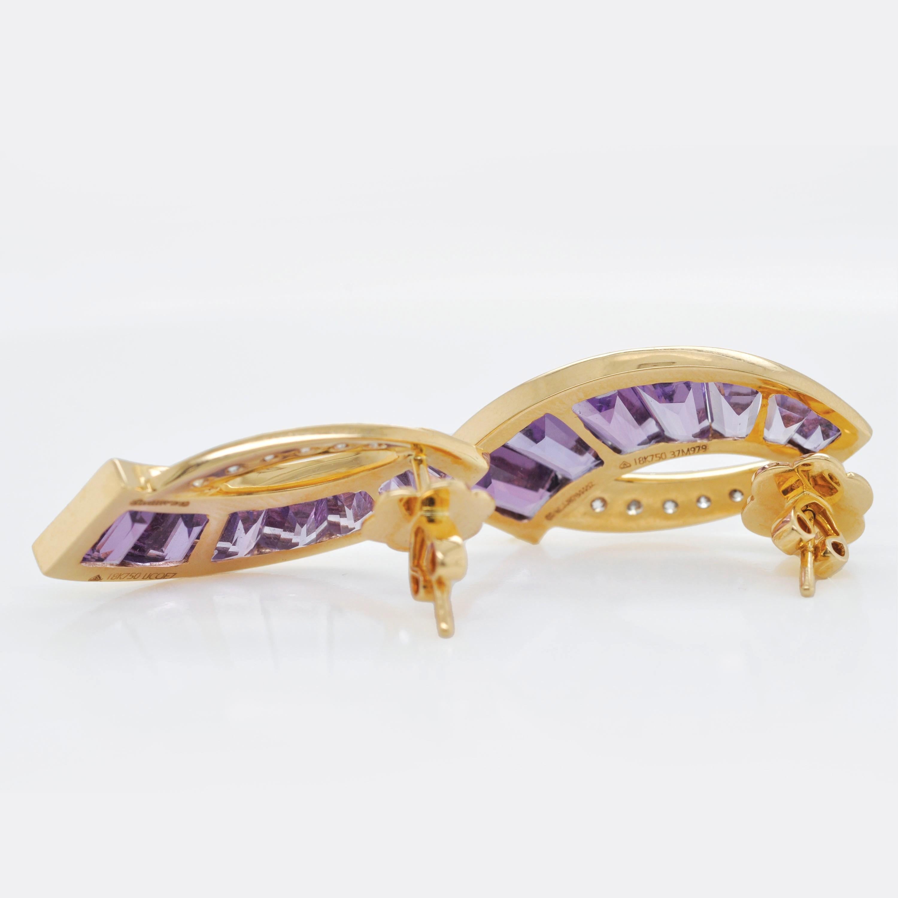 18K Gold Channel Set Taper Baguette Amethyst Diamond Sword Pendant Earrings Set For Sale 9
