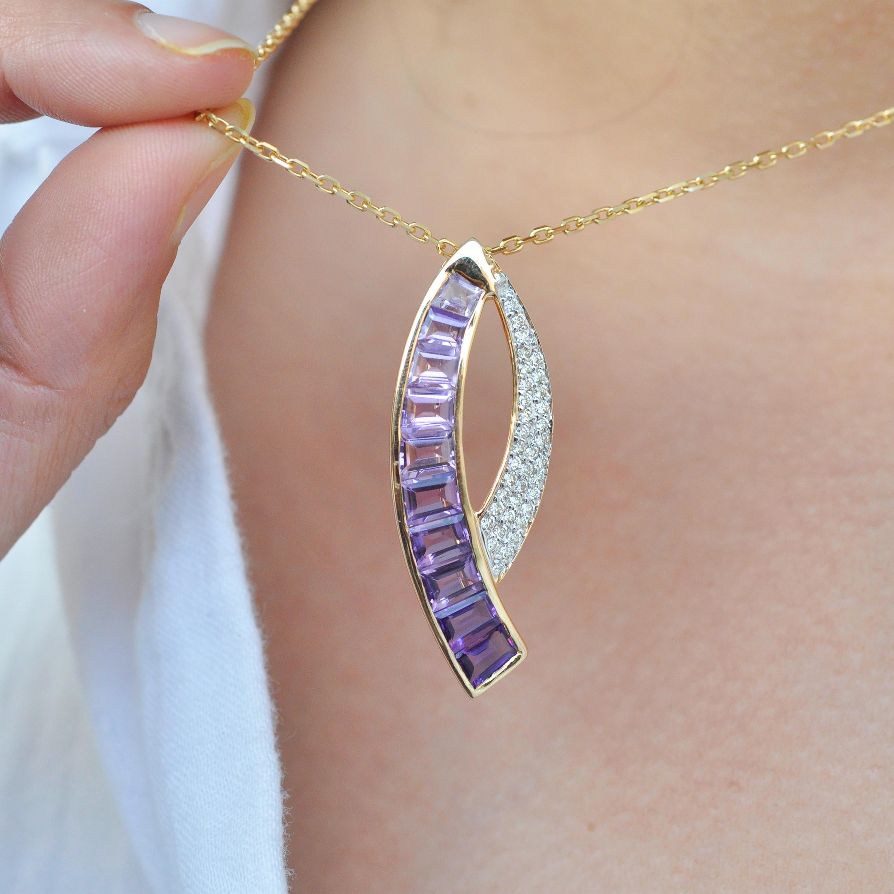 Contemporary 18K Gold Channel Set Taper Baguette Amethyst Diamond Sword Pendant Earrings Set For Sale