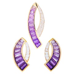 Juego de Pendientes Colgante Espada Diamante Baguette Amatista de Oro de 18 K en Canales