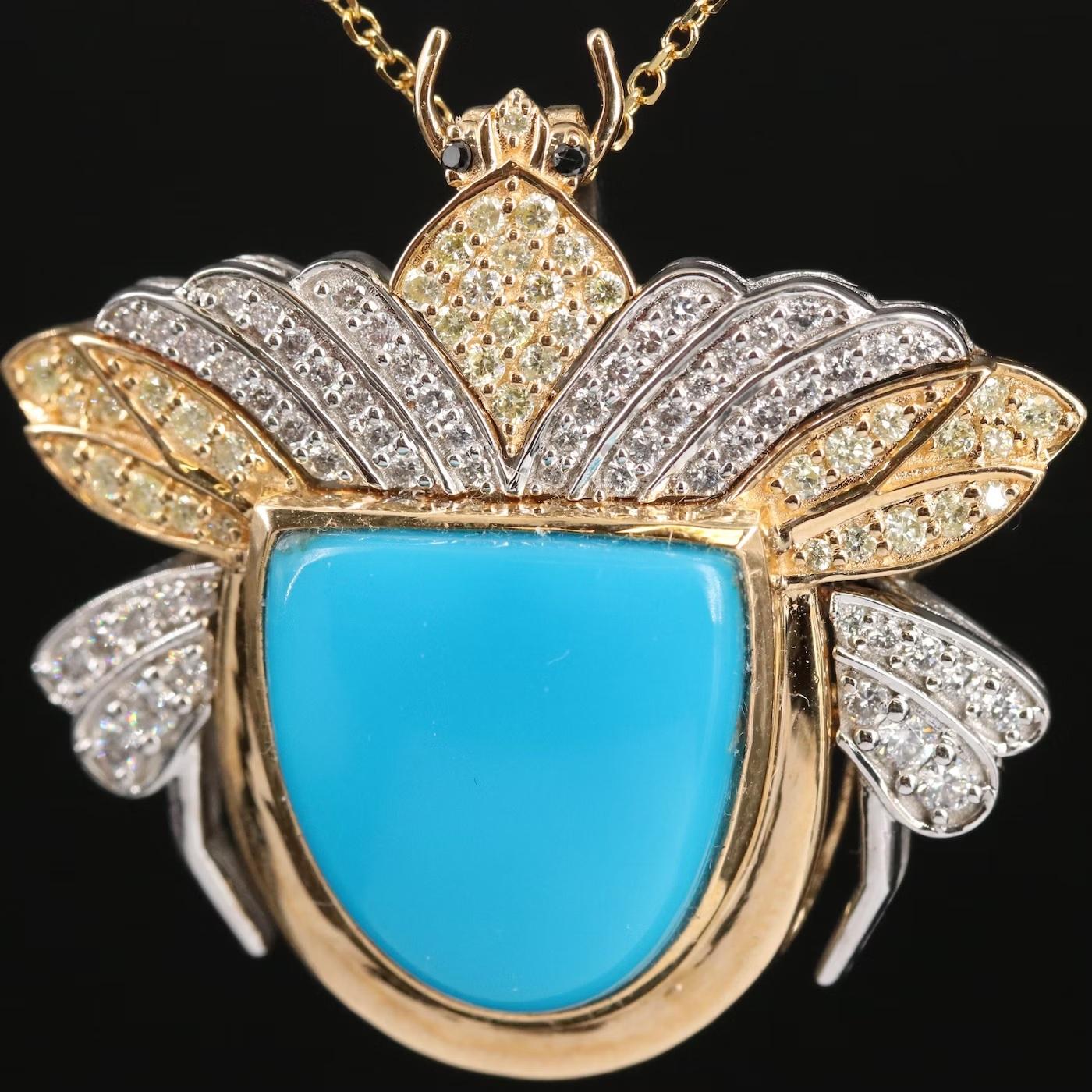 18 Karat Gold / Chromia Massive 11 CT Türkis Diamant 3D Käfer Converter Halskette im Zustand „Neu“ in Rancho Mirage, CA